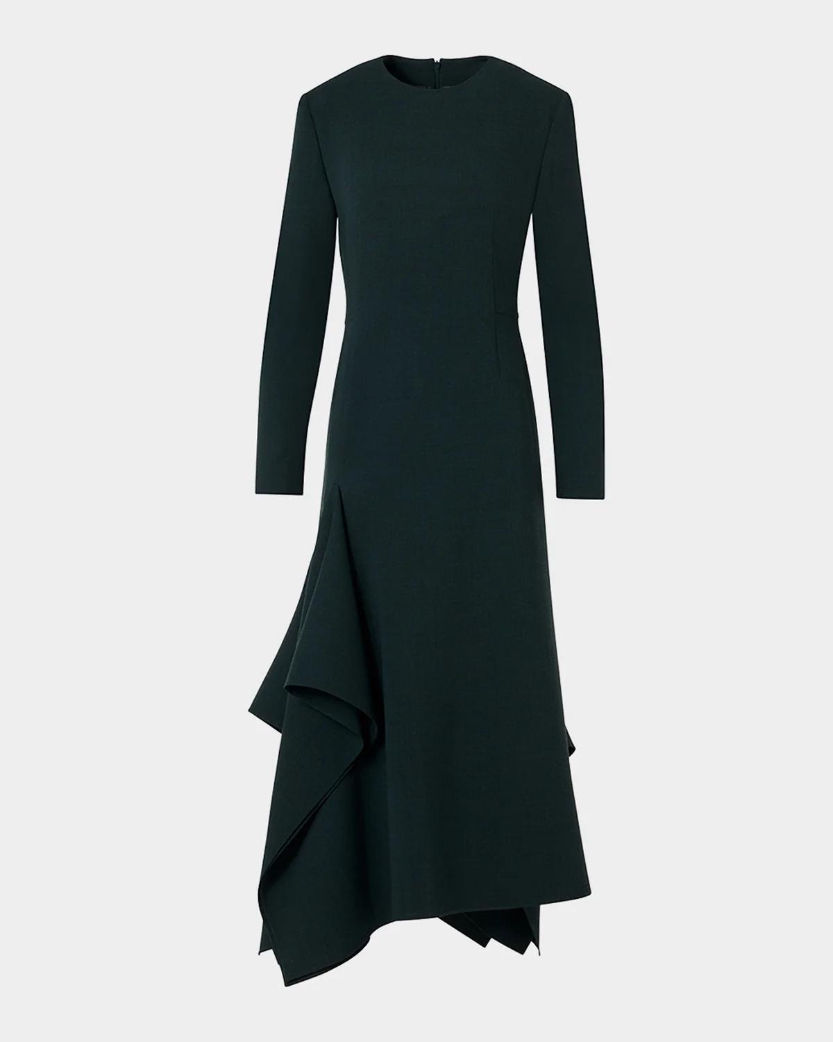 Long-Sleeve Asymmetric Draped Midi Dress