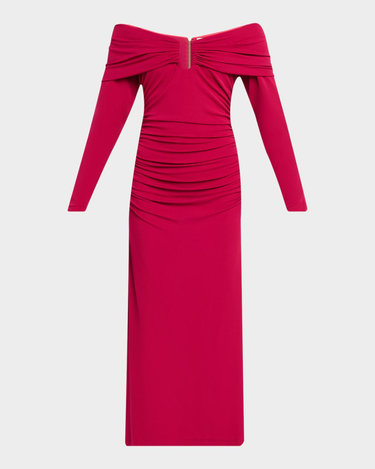 Off-The-Shoulder Long-Sleeve Ruched Jersey Midi Dress