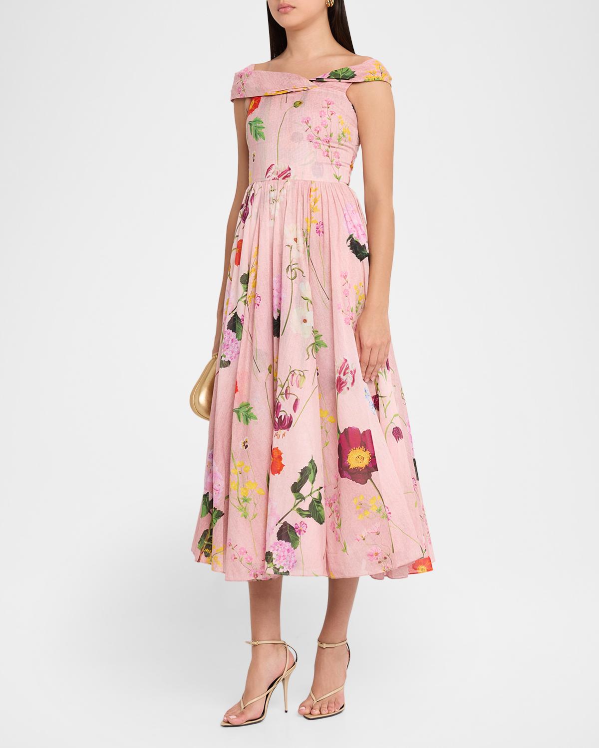 Off-The-Shoulder Mixed Botanical Cotton Midi Dress - thumbnail 4