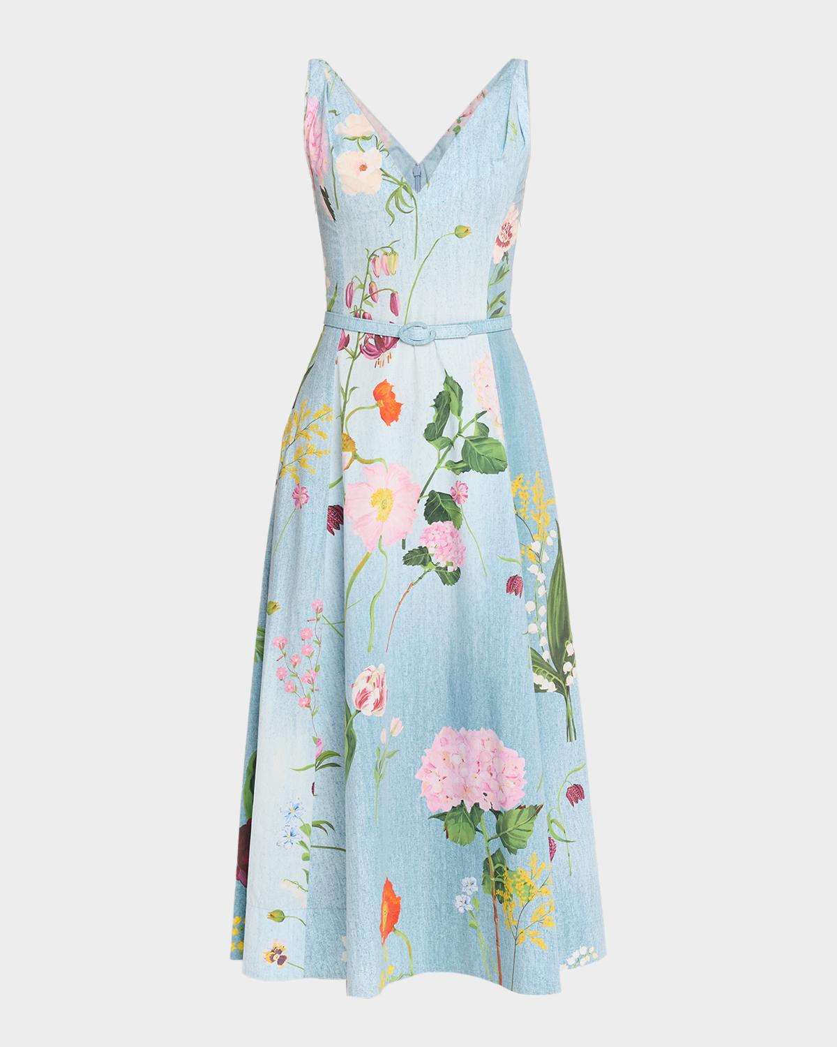 Sleeveless V-Neck Mixed Botanical Midi Day Dress