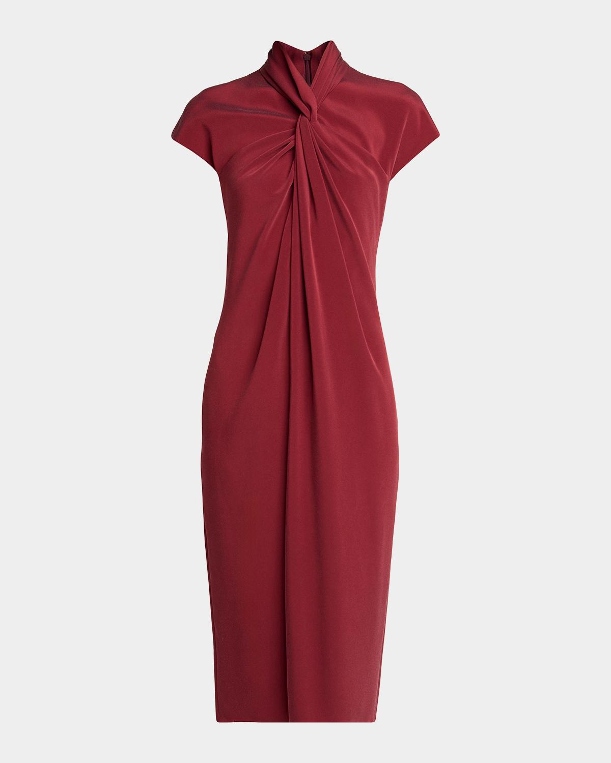 Draped Twisted-Collar Short-Sleeve Midi Dress