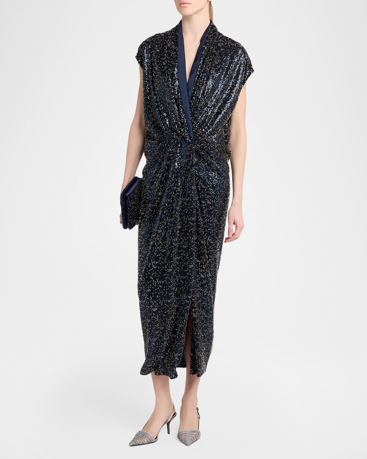 Sequined Cap-Sleeve Gathered Dress - thumbnail 4