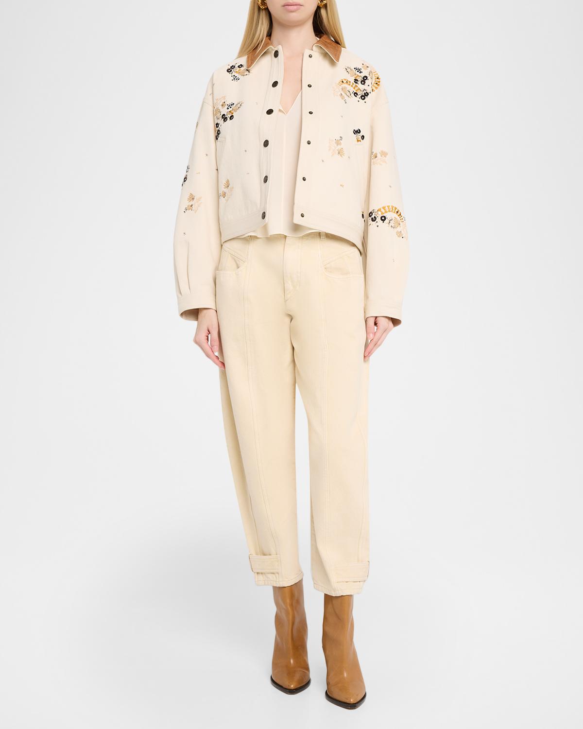Lavine Embroidered Cotton Leather-Collar Barn Jacket - thumbnail 2