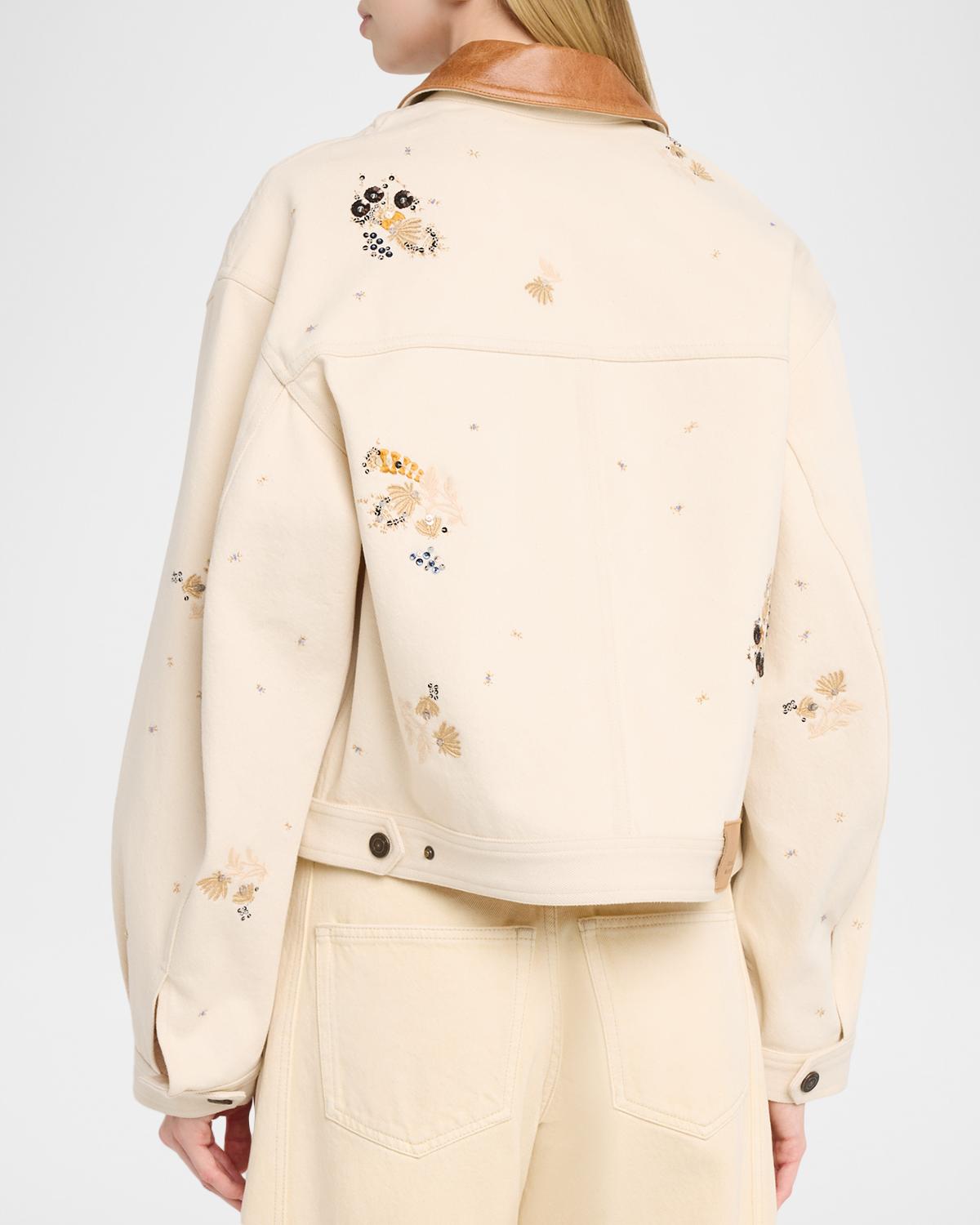 Lavine Embroidered Cotton Leather-Collar Barn Jacket - thumbnail 3