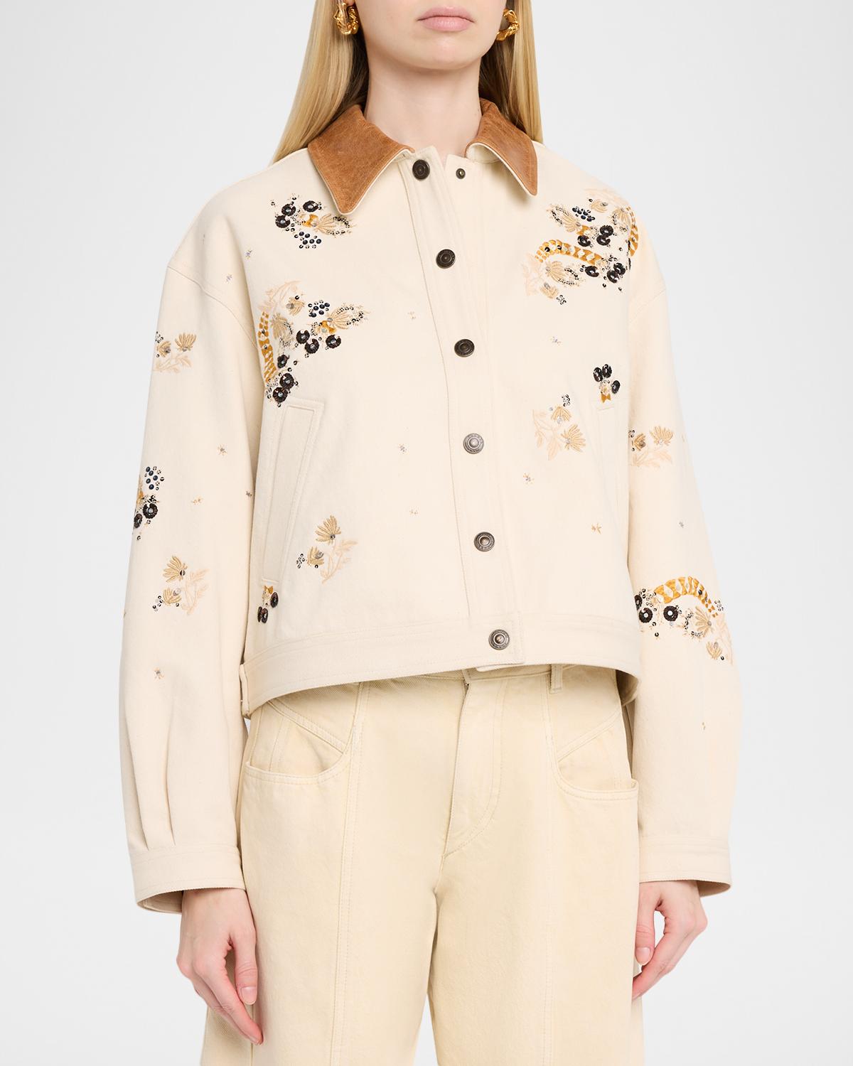 Lavine Embroidered Cotton Leather-Collar Barn Jacket - thumbnail 4