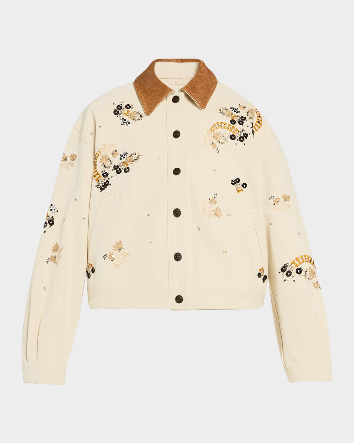 Lavine Embroidered Cotton Leather-Collar Barn Jacket