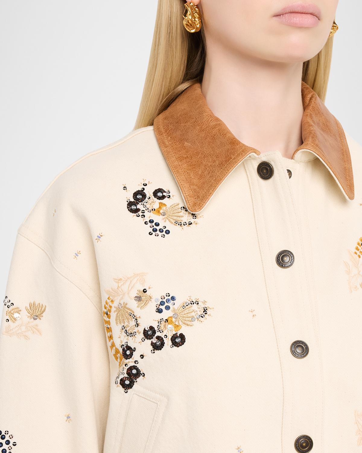 Lavine Embroidered Cotton Leather-Collar Barn Jacket - thumbnail 5