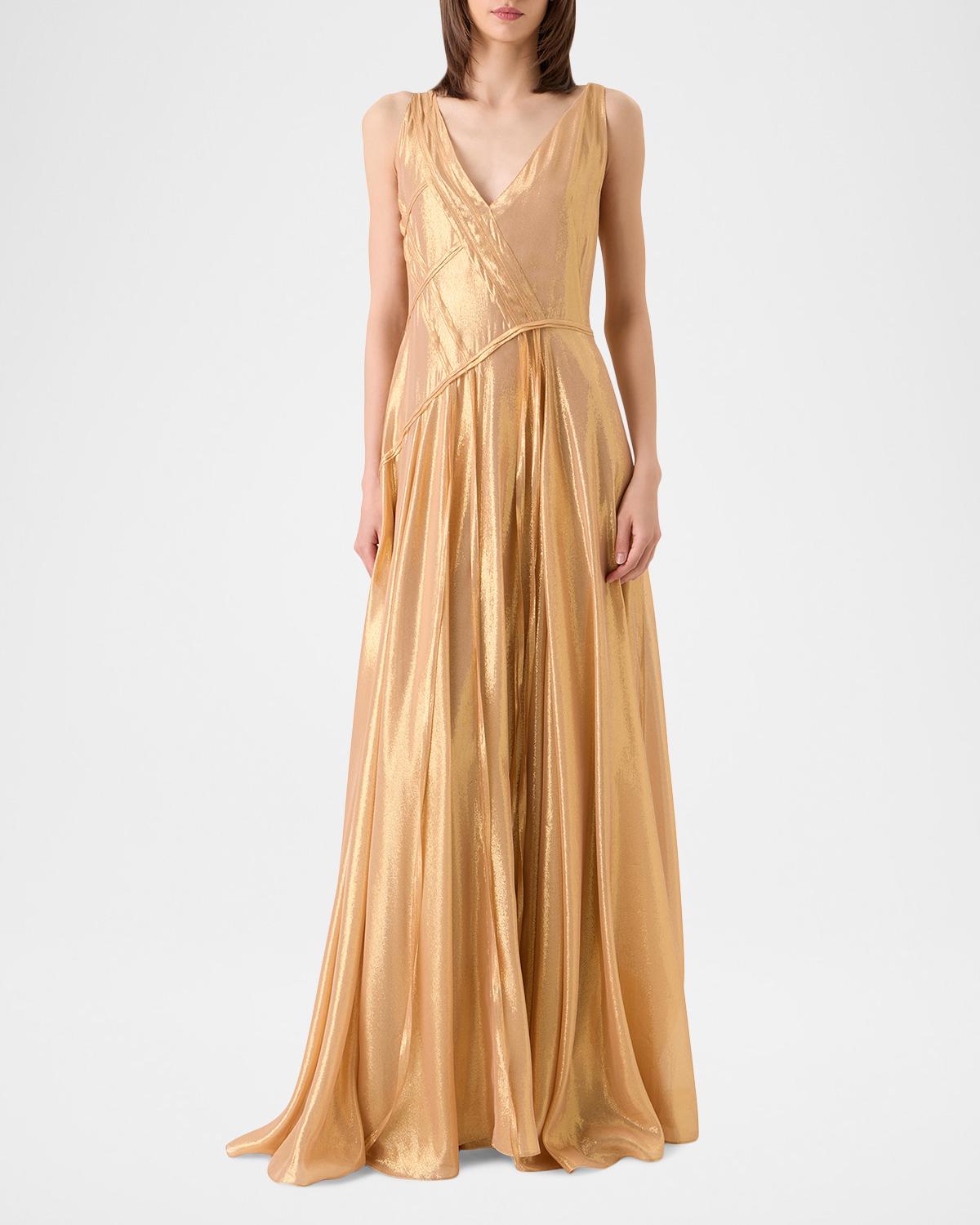 Sleeveless Asymmetric Paneled Lamé Silk Gown - thumbnail 2