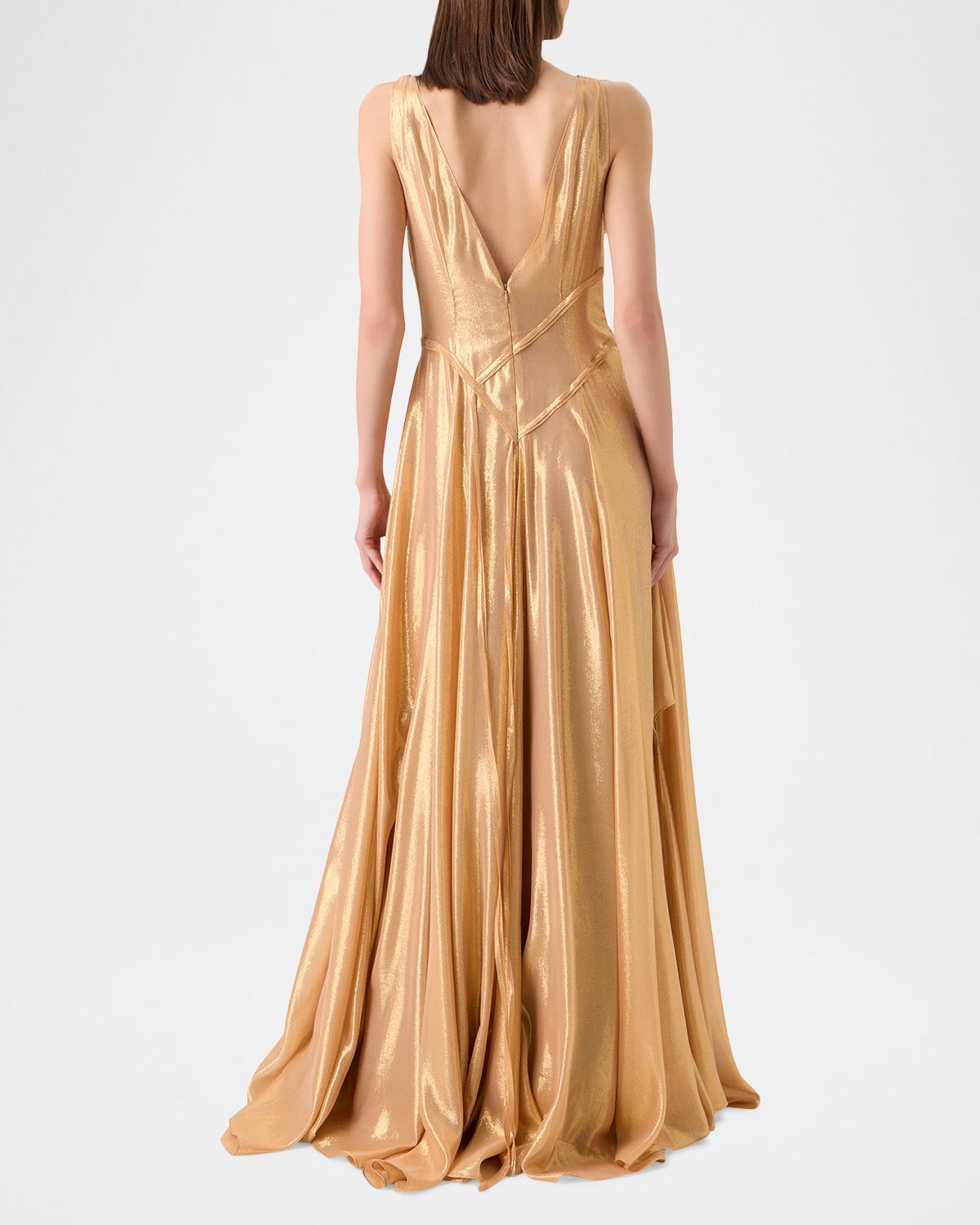 Sleeveless Asymmetric Paneled Lamé Silk Gown - thumbnail 3