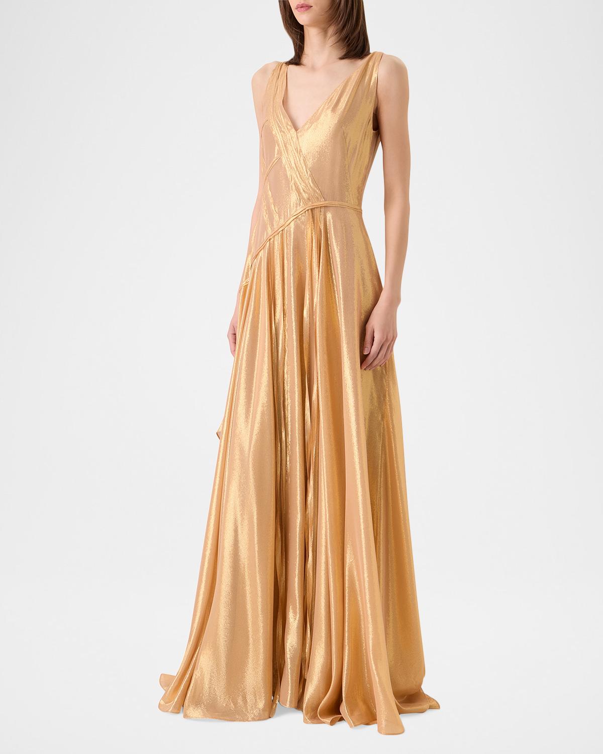 Sleeveless Asymmetric Paneled Lamé Silk Gown - thumbnail 4