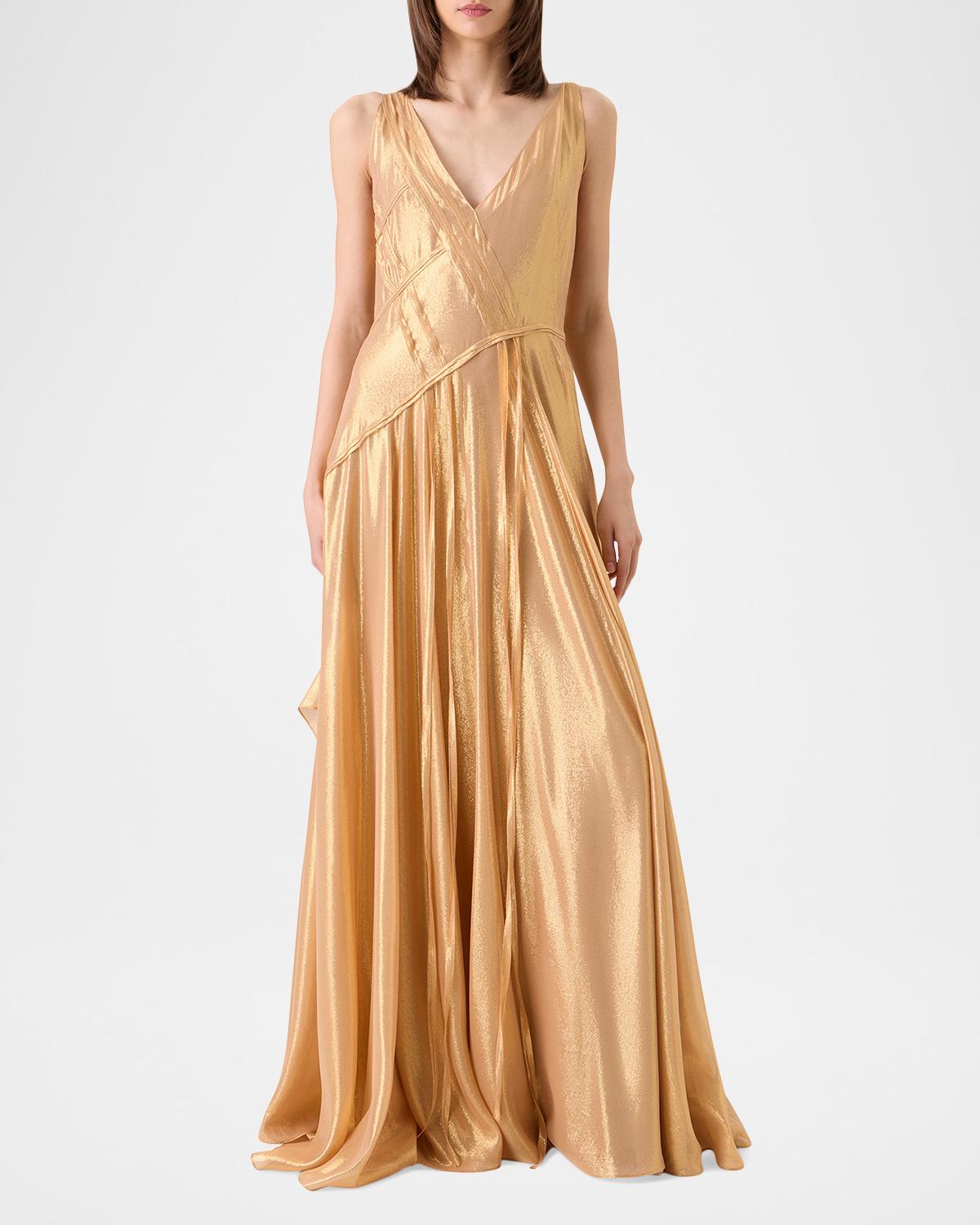 Sleeveless Asymmetric Paneled Lamé Silk Gown - thumbnail 5