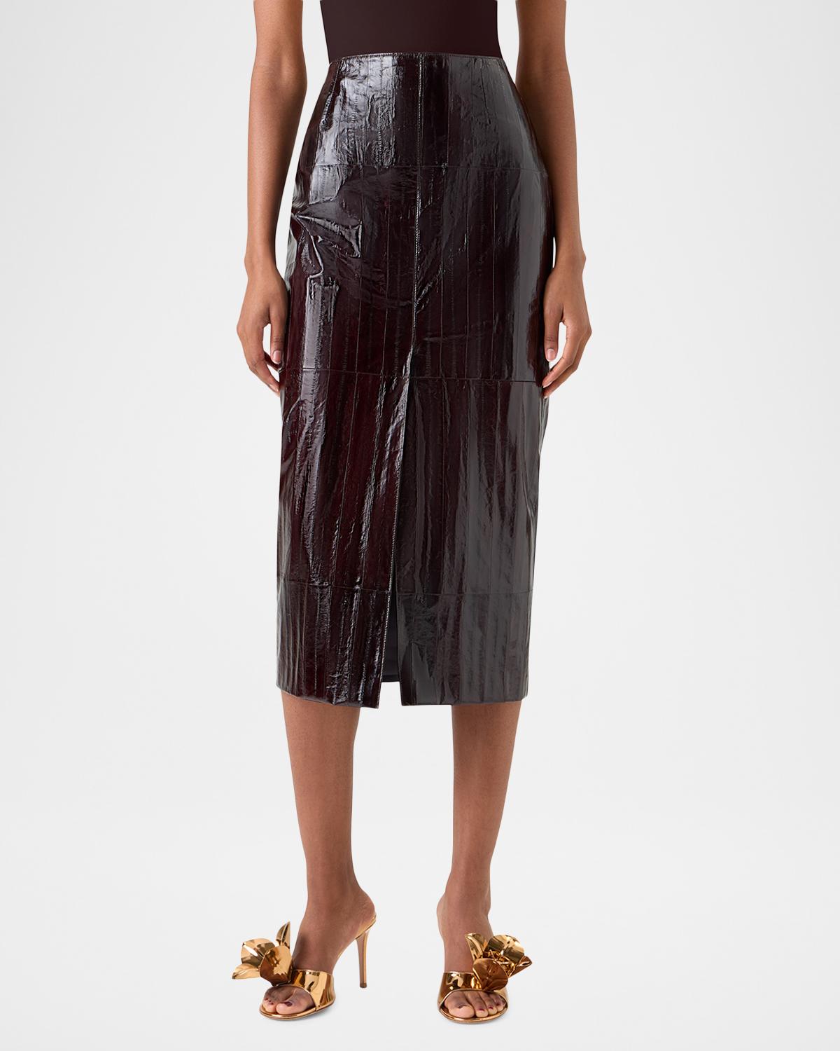 Lacquered Eel Leather Slit Midi Pencil Skirt - thumbnail 3