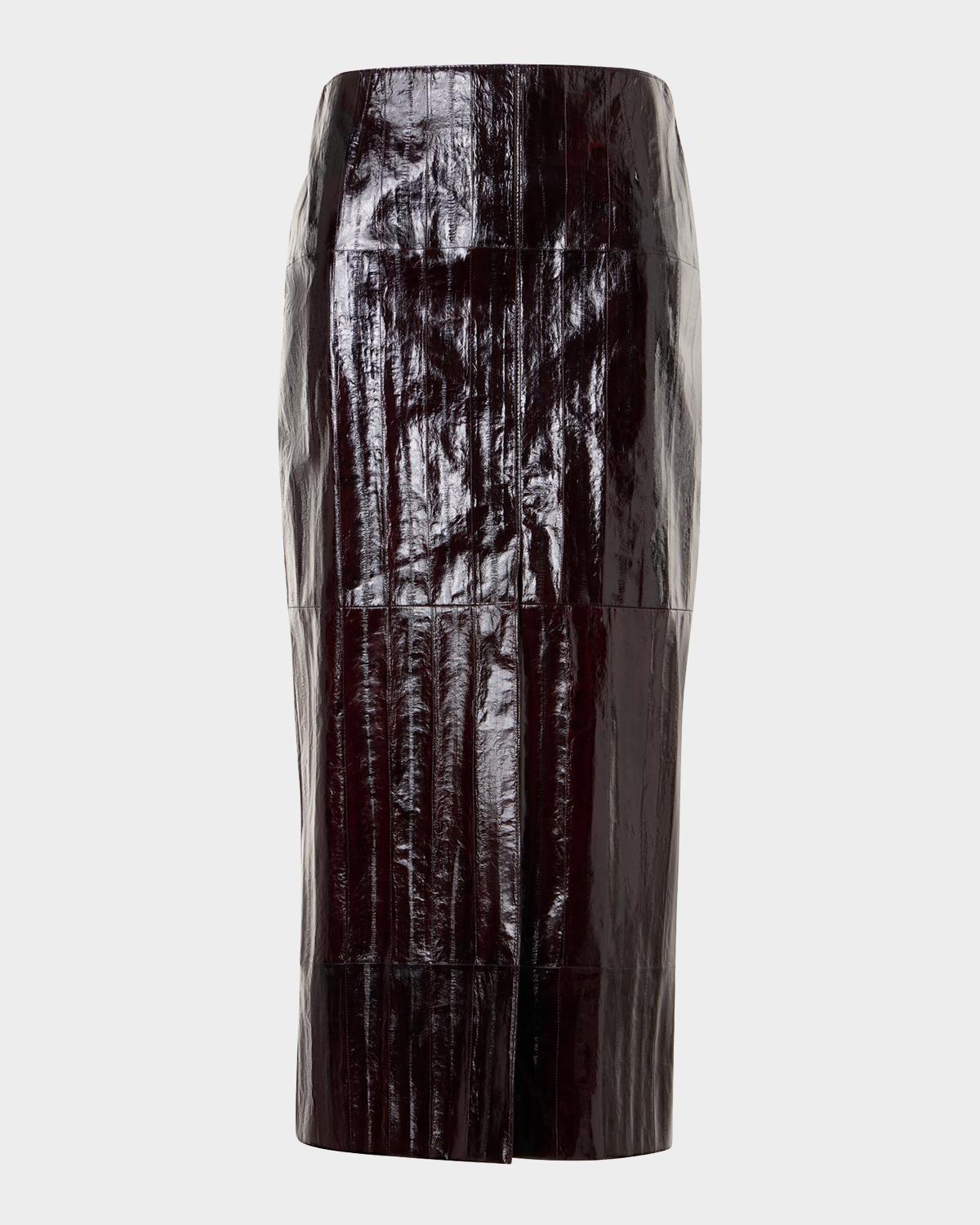 Lacquered Eel Leather Slit Midi Pencil Skirt