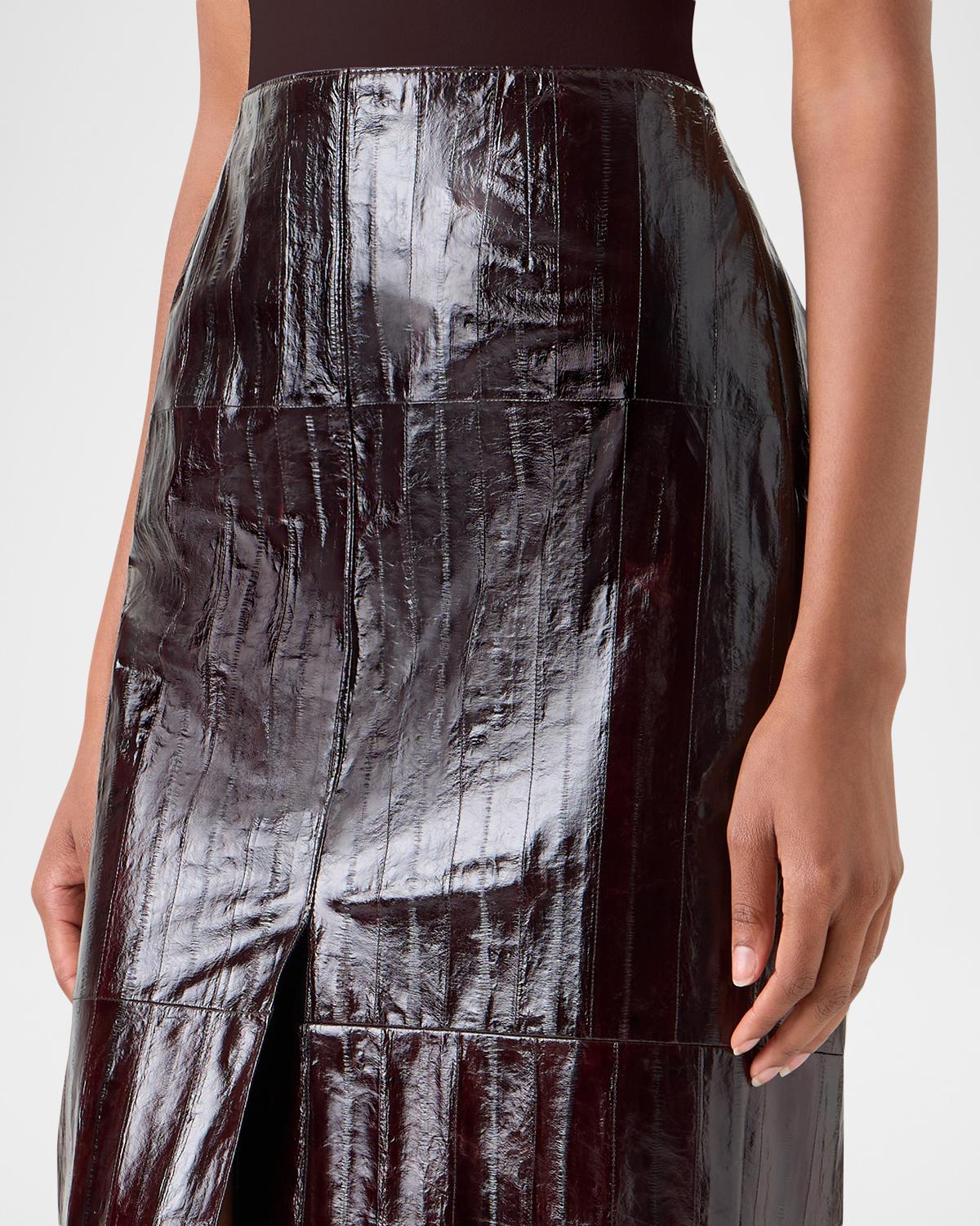Lacquered Eel Leather Slit Midi Pencil Skirt - thumbnail 4