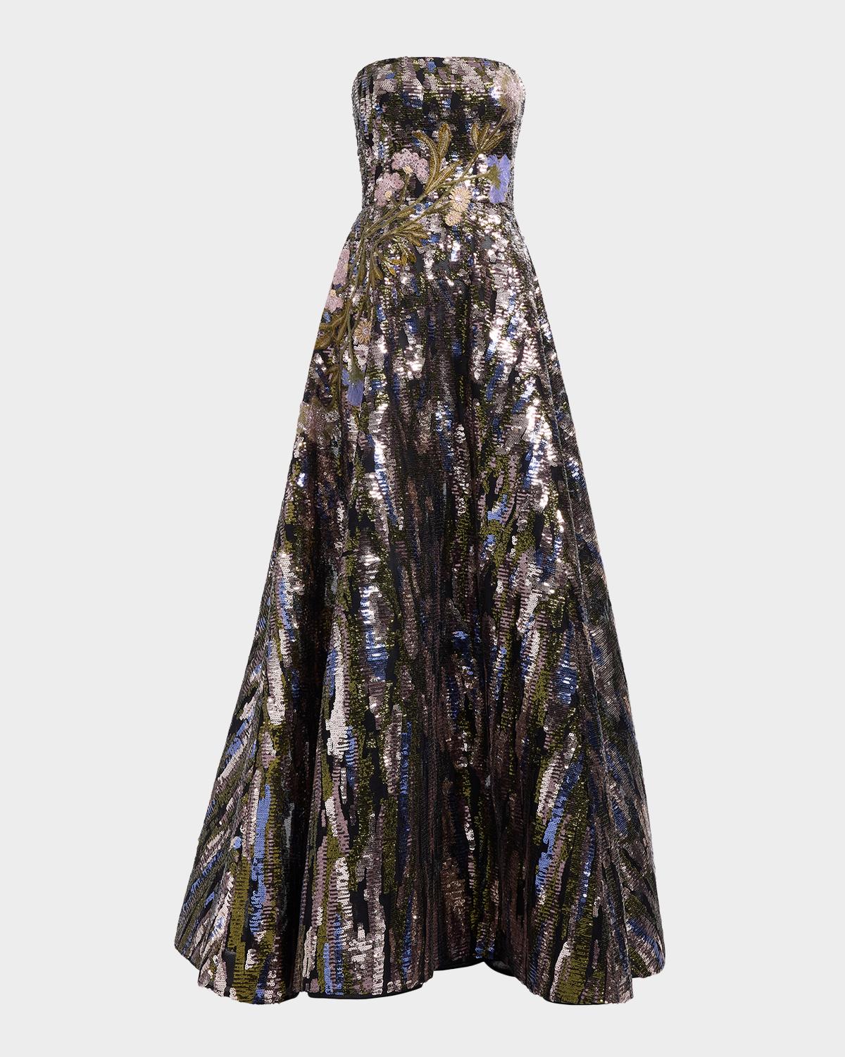 Floral Sequined Strapless A-Line Gown