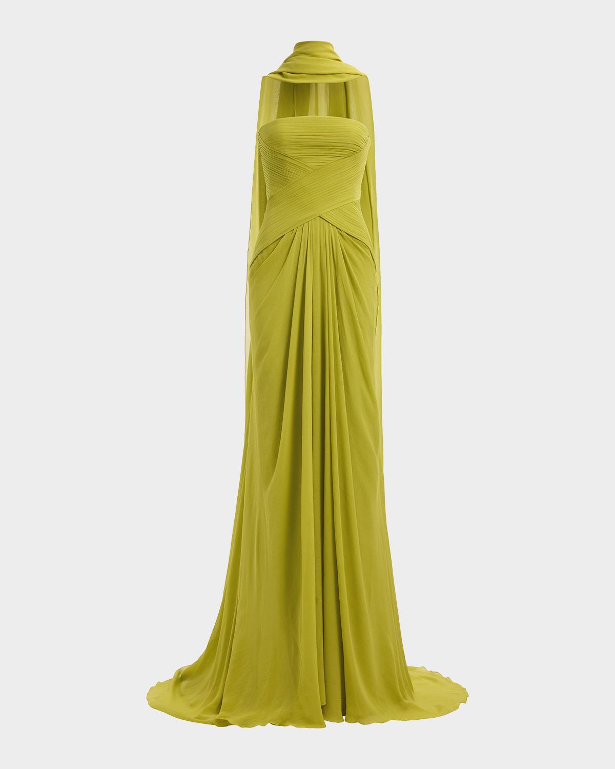 Strapless Crisscross Draped Silk Chiffon Gown With Neck Scarf
