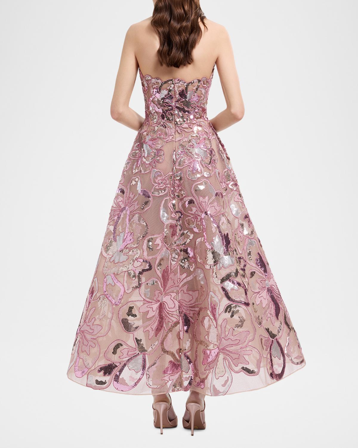 Strapless Floral Sequined Tea-Length Gown - thumbnail 3