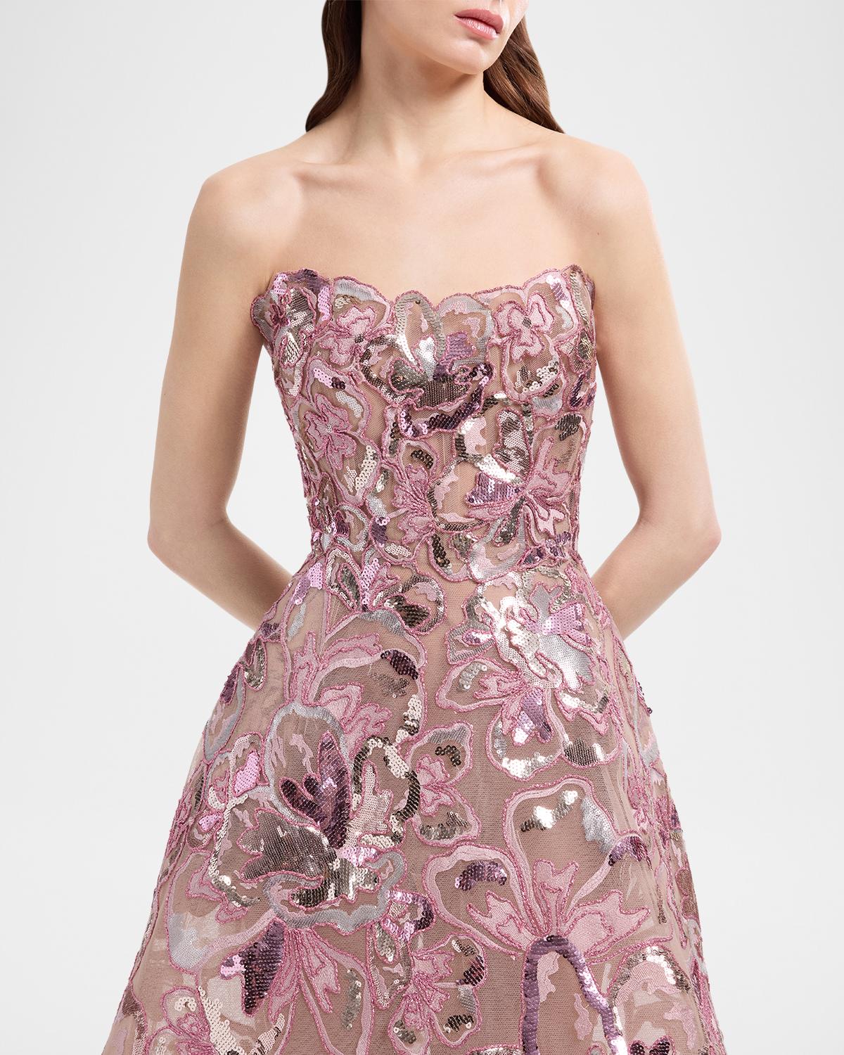 Strapless Floral Sequined Tea-Length Gown - thumbnail 4