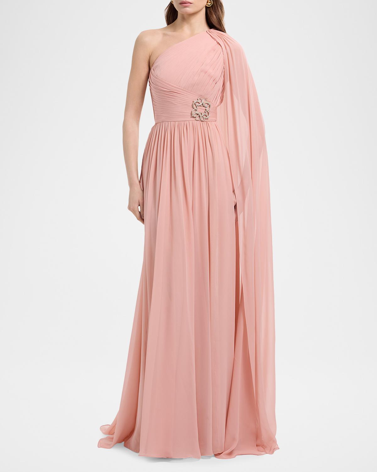 One-Shoulder Cape-Sleeve Chiffon Gown - thumbnail 2