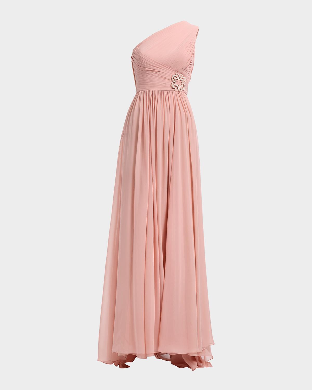 One-Shoulder Cape-Sleeve Chiffon Gown