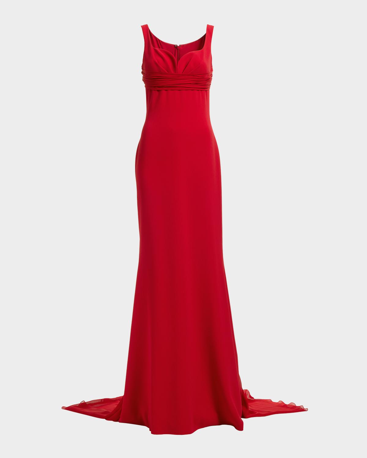 Sleeveless Empire-Waist Silk Cape Trumpet Gown