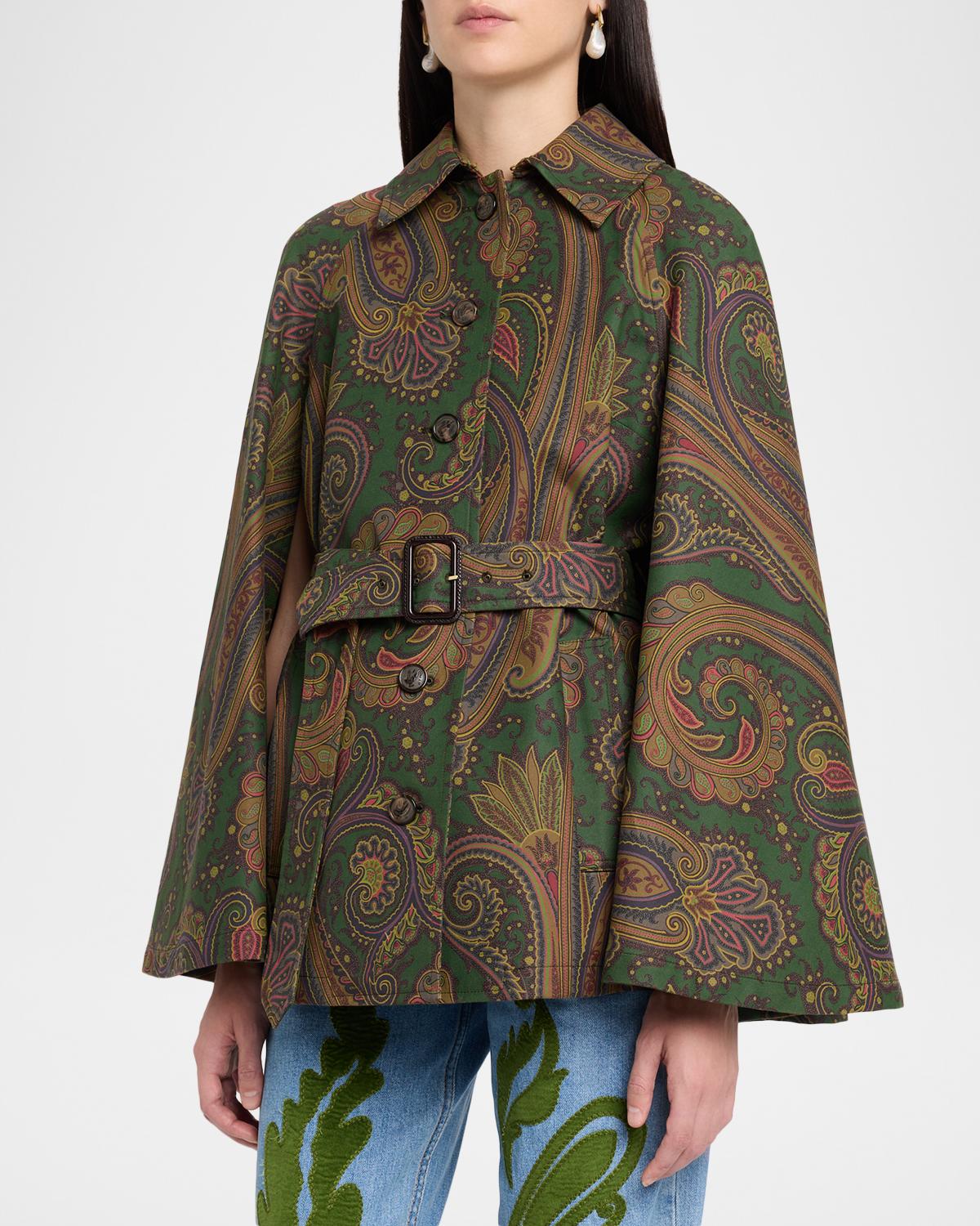 Paisley-Print Cotton Belted Cape Coat - thumbnail 4