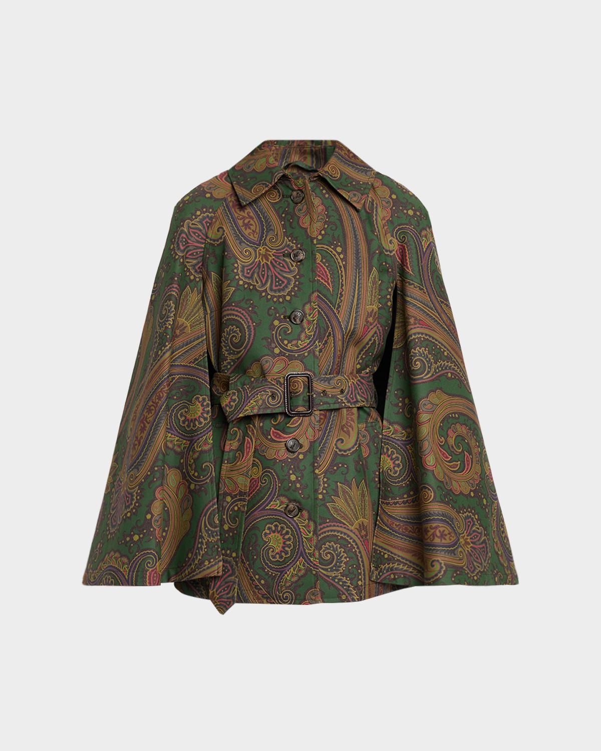 Paisley-Print Cotton Belted Cape Coat