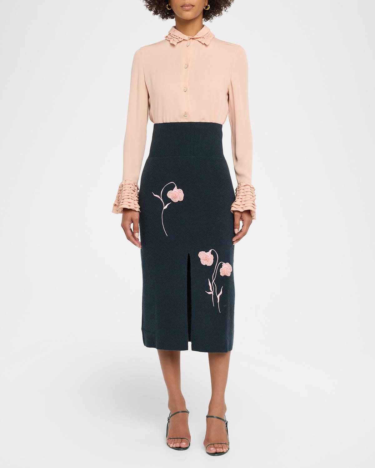 Embroidered Wool Knit Midi Pencil Skirt - thumbnail 2