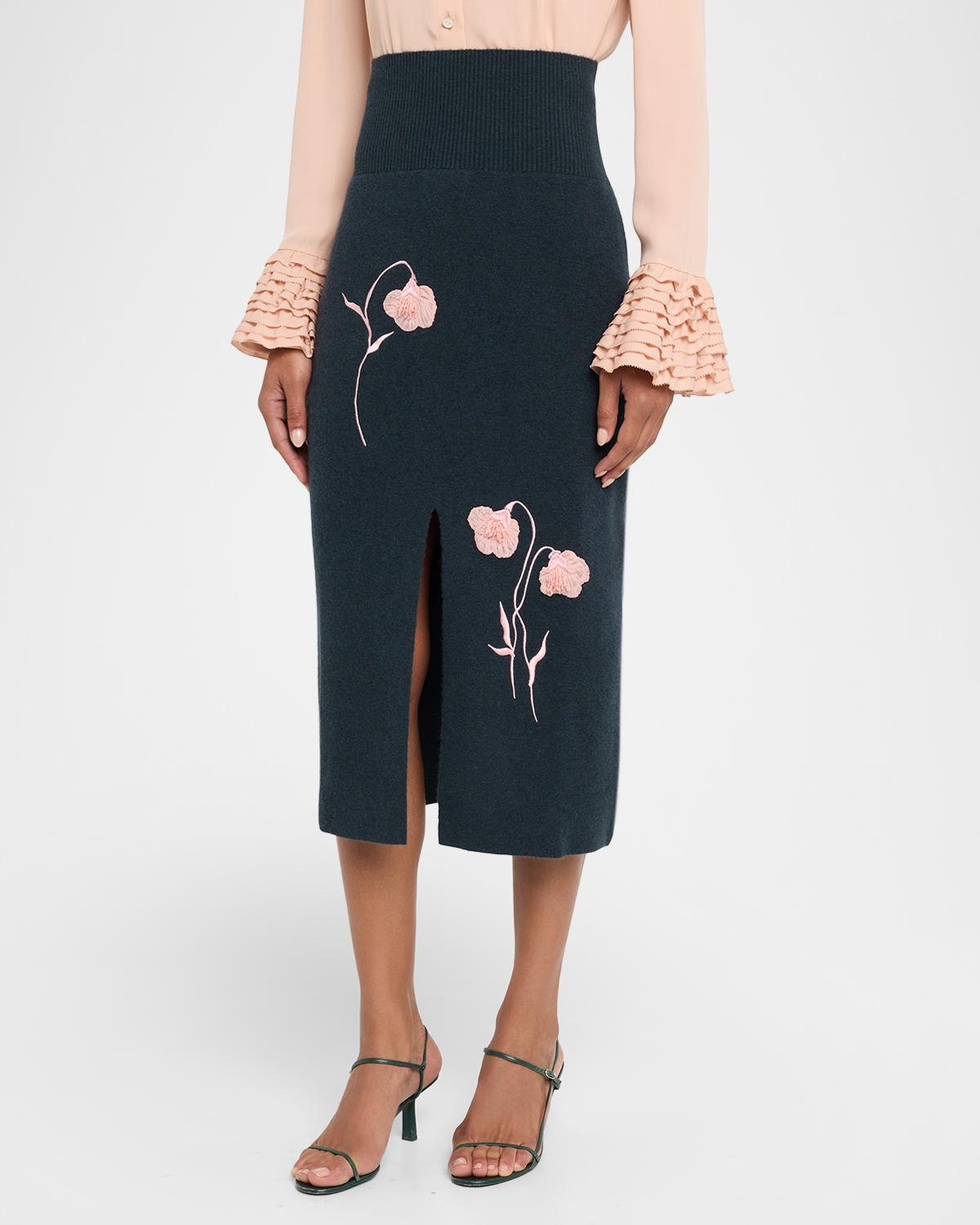 Embroidered Wool Knit Midi Pencil Skirt - thumbnail 4