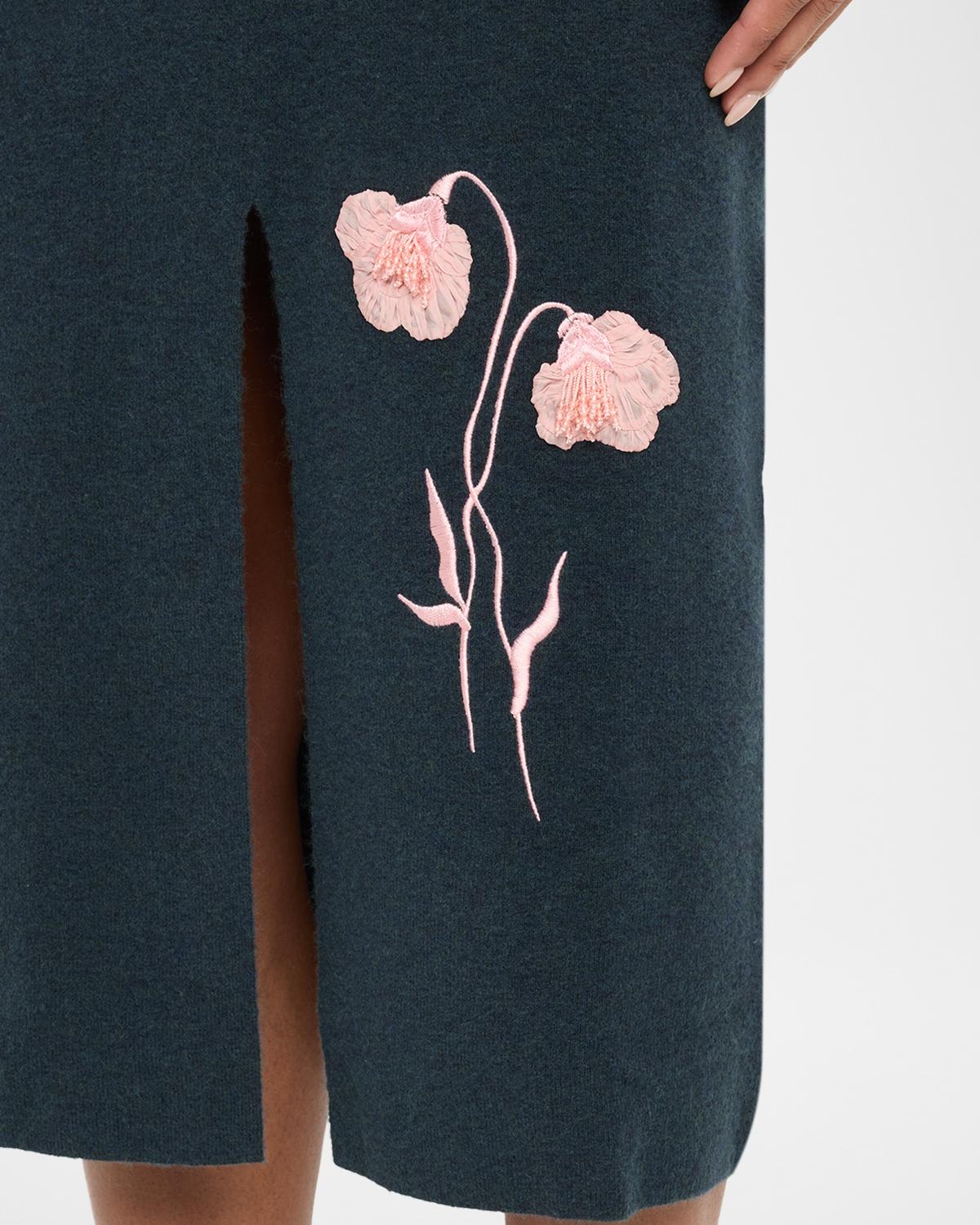 Embroidered Wool Knit Midi Pencil Skirt - thumbnail 5