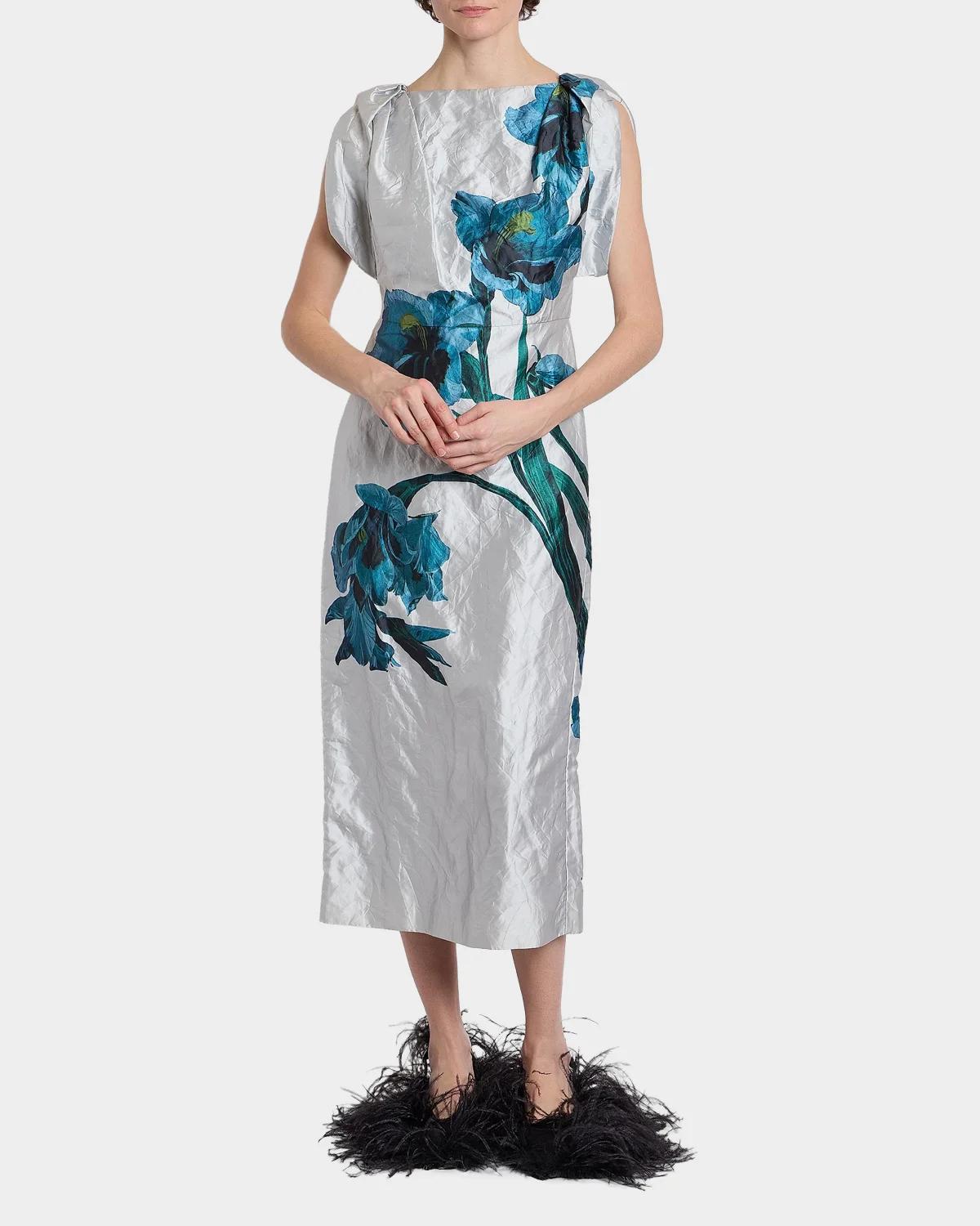 Floral Textured Satin Twisted-Shoulder Midi Dress - thumbnail 8