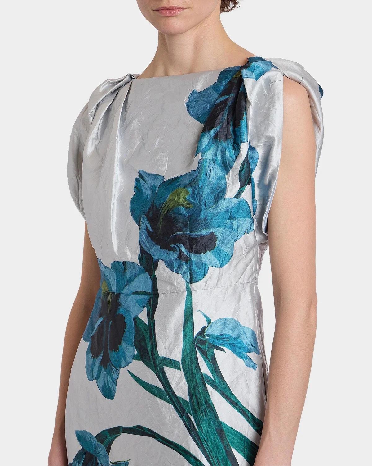Floral Textured Satin Twisted-Shoulder Midi Dress - thumbnail 9