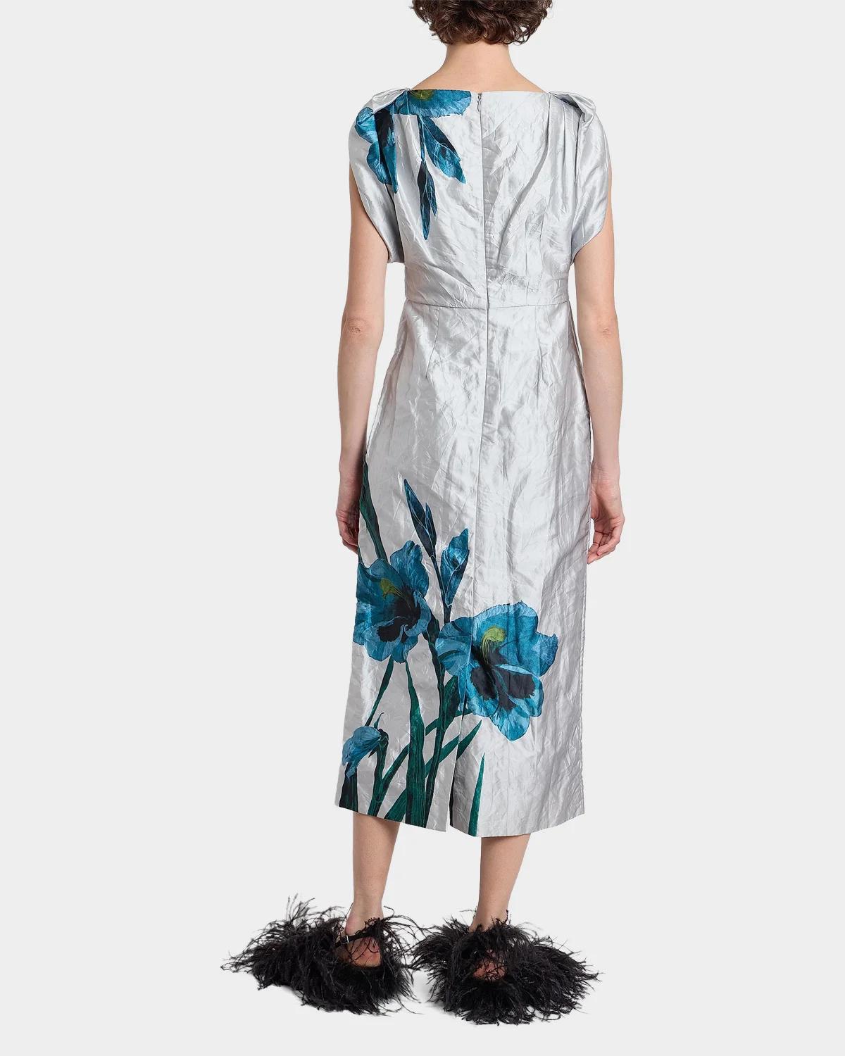 Floral Textured Satin Twisted-Shoulder Midi Dress - thumbnail 10