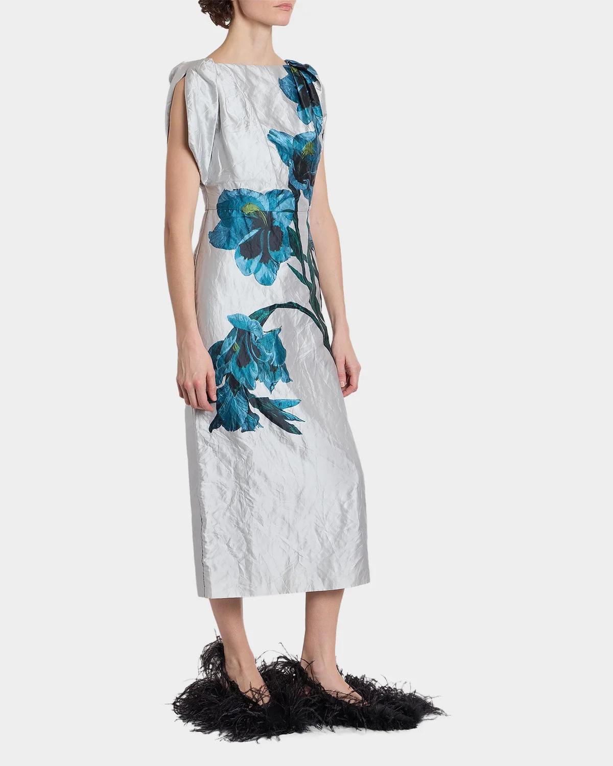 Floral Textured Satin Twisted-Shoulder Midi Dress - thumbnail 6