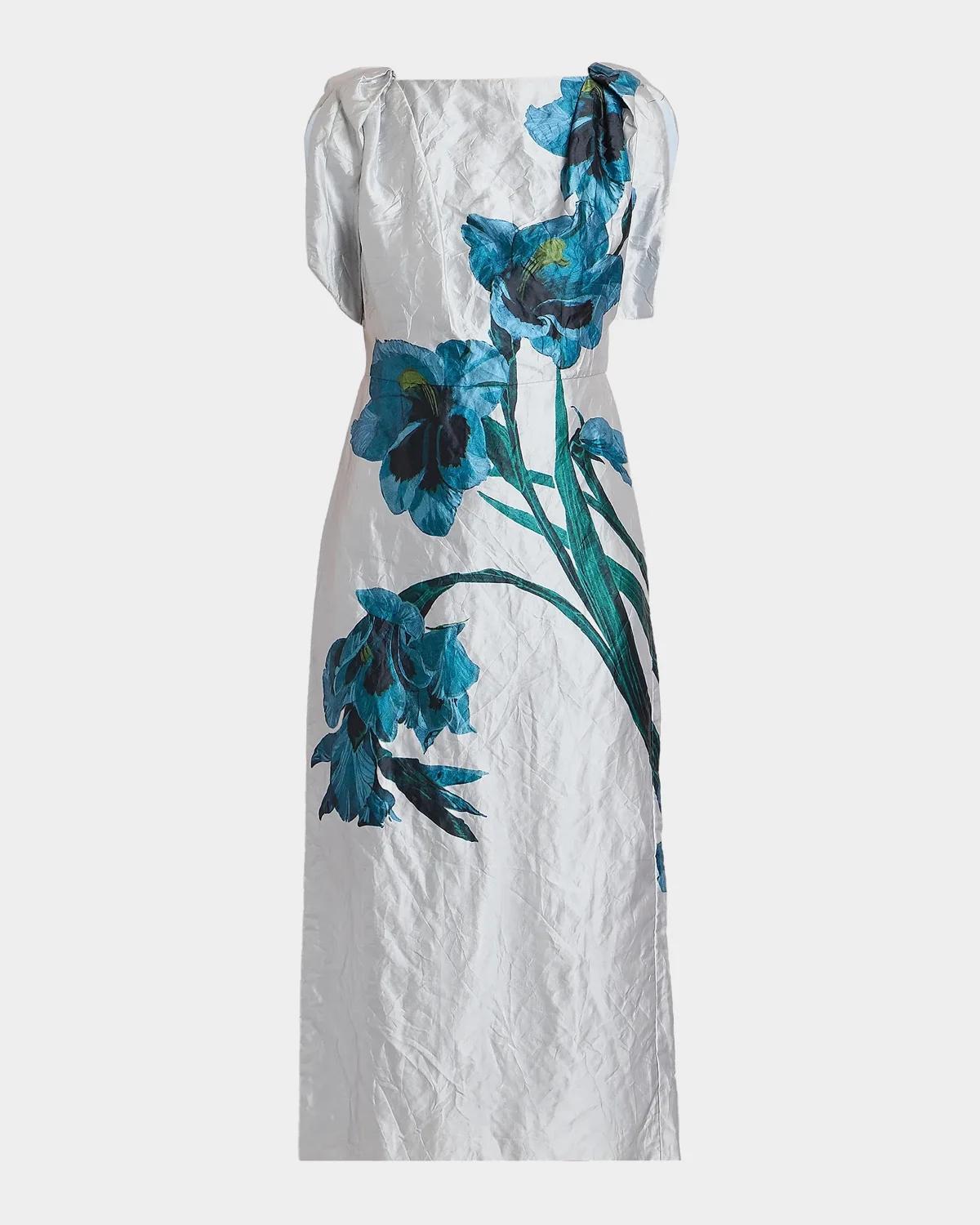Floral Textured Satin Twisted-Shoulder Midi Dress - thumbnail 7