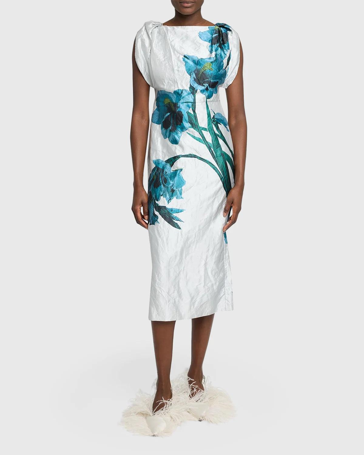 Floral Textured Satin Twisted-Shoulder Midi Dress - thumbnail 2