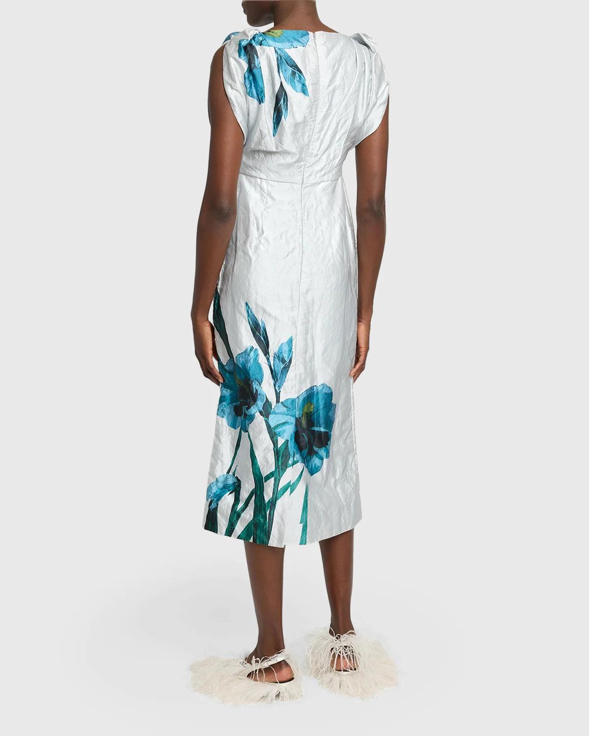 Floral Textured Satin Twisted-Shoulder Midi Dress - thumbnail 3