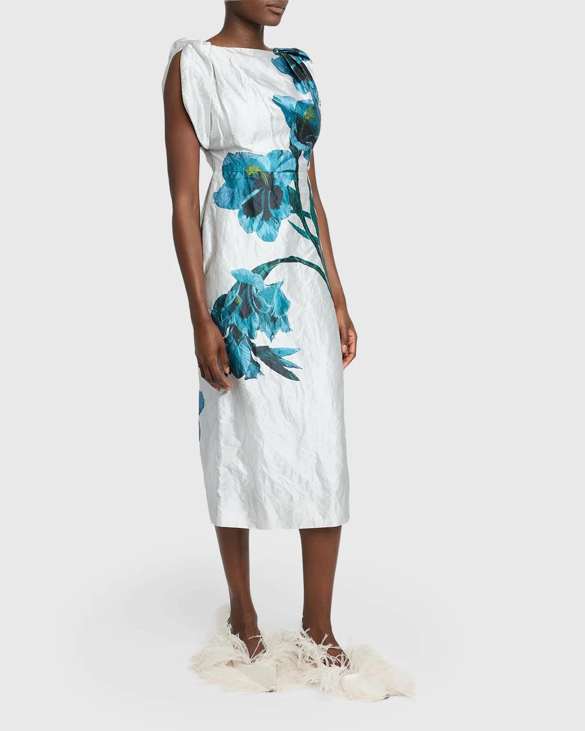 Floral Textured Satin Twisted-Shoulder Midi Dress - thumbnail 4