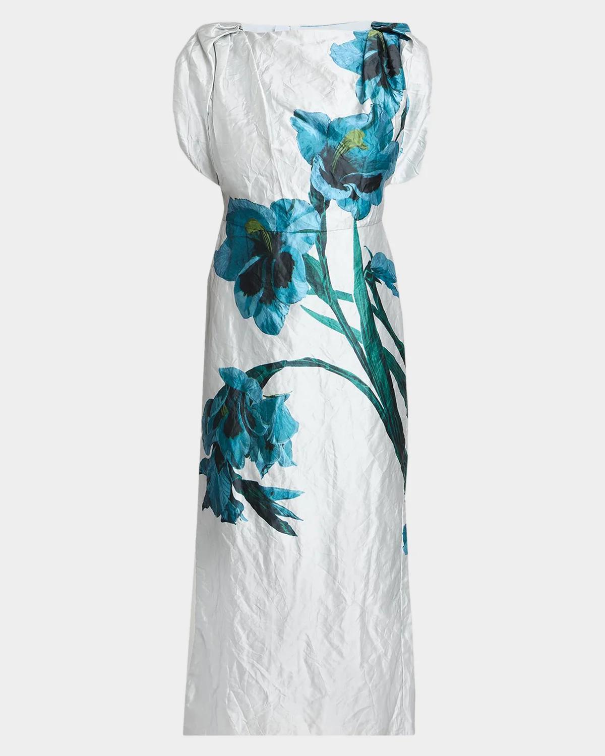 Floral Textured Satin Twisted-Shoulder Midi Dress