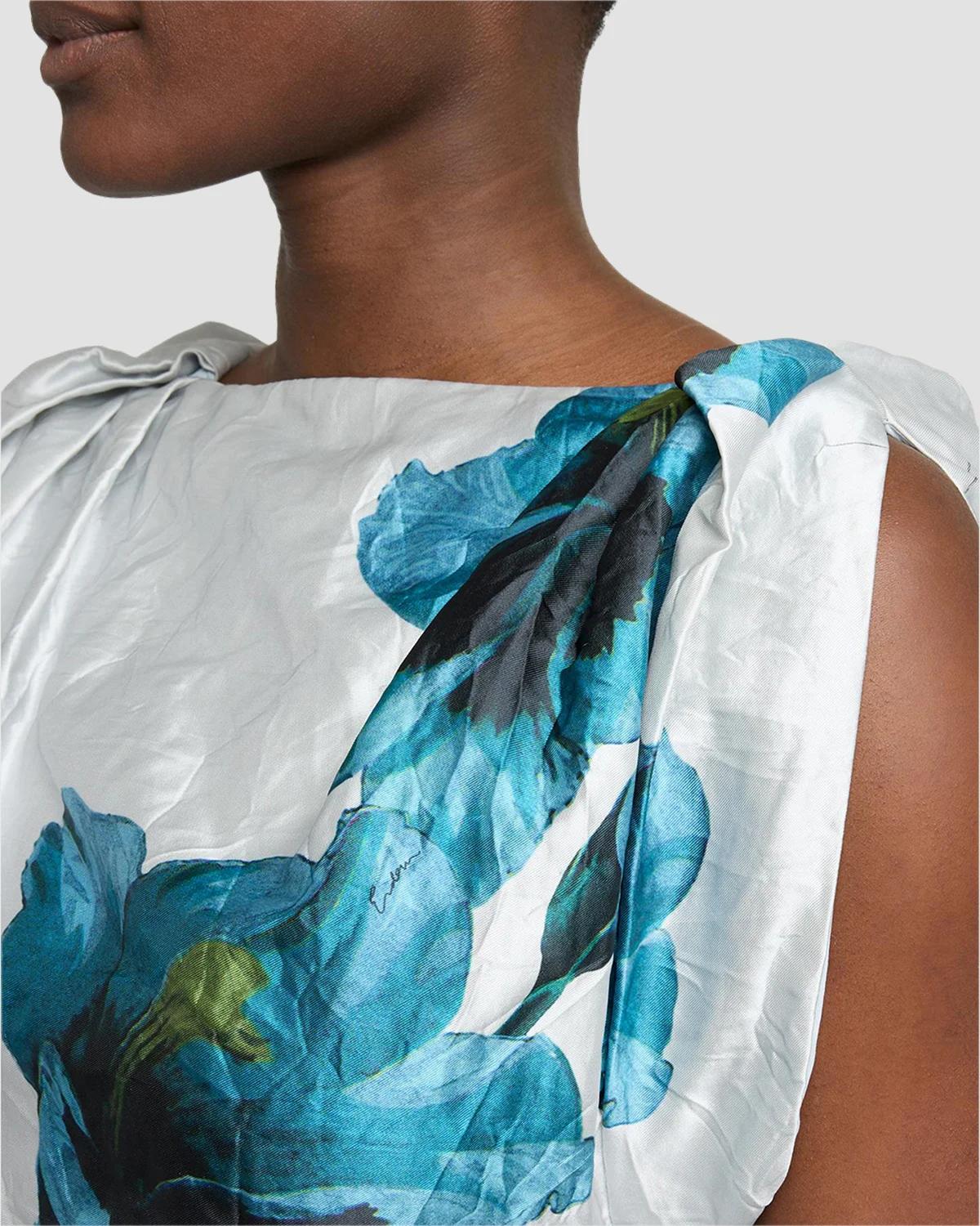 Floral Textured Satin Twisted-Shoulder Midi Dress - thumbnail 5