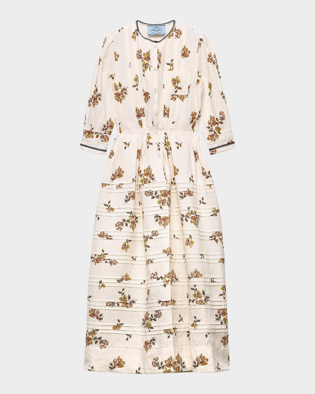 ゴールド ノースリーブ ロングワンピース(PRADA, size 44) Prada Long Floral-Print Linen Dress with Pintucks | Neiman Marcus