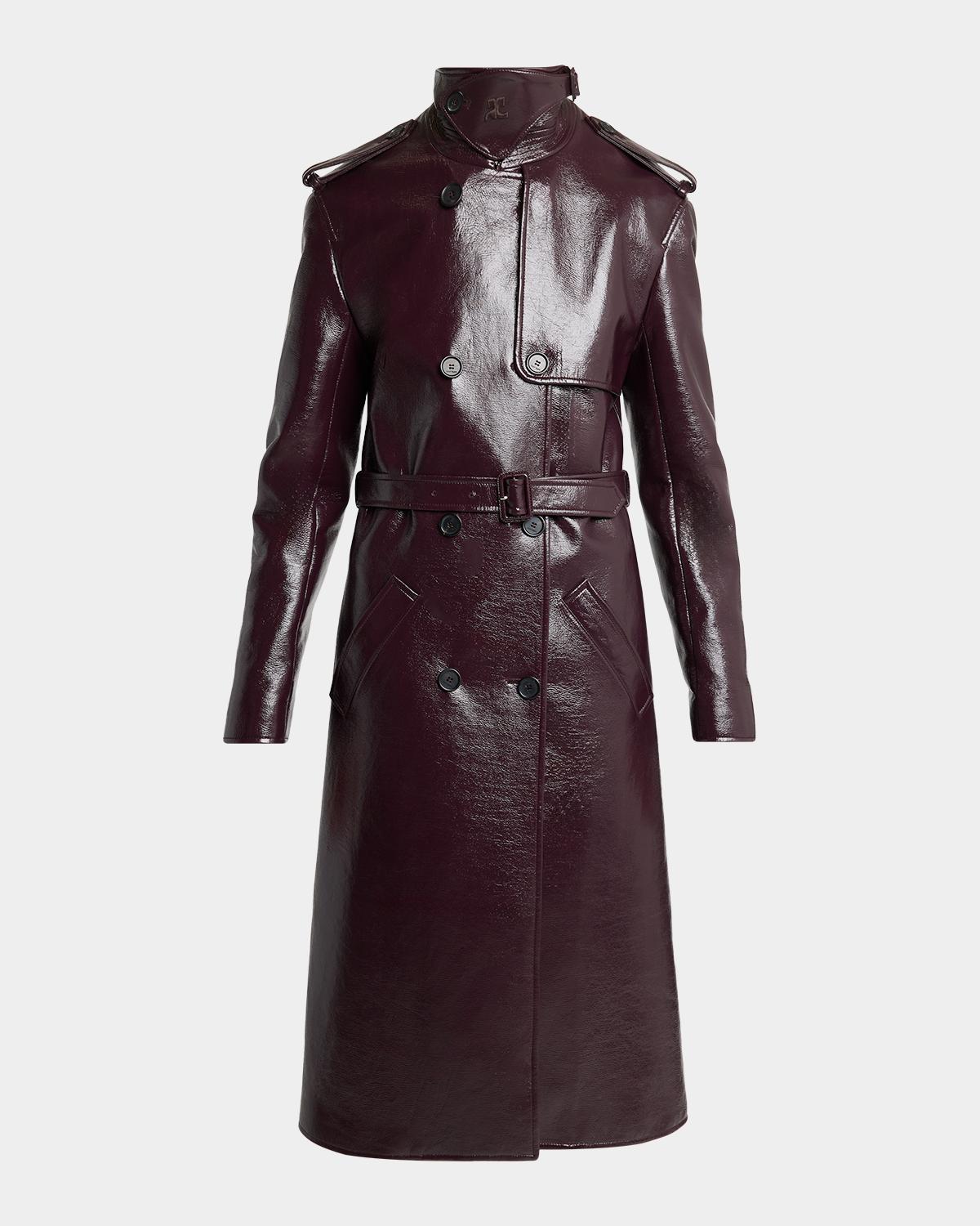 Vinyl Double-Breasted Belted Long Trench Coat