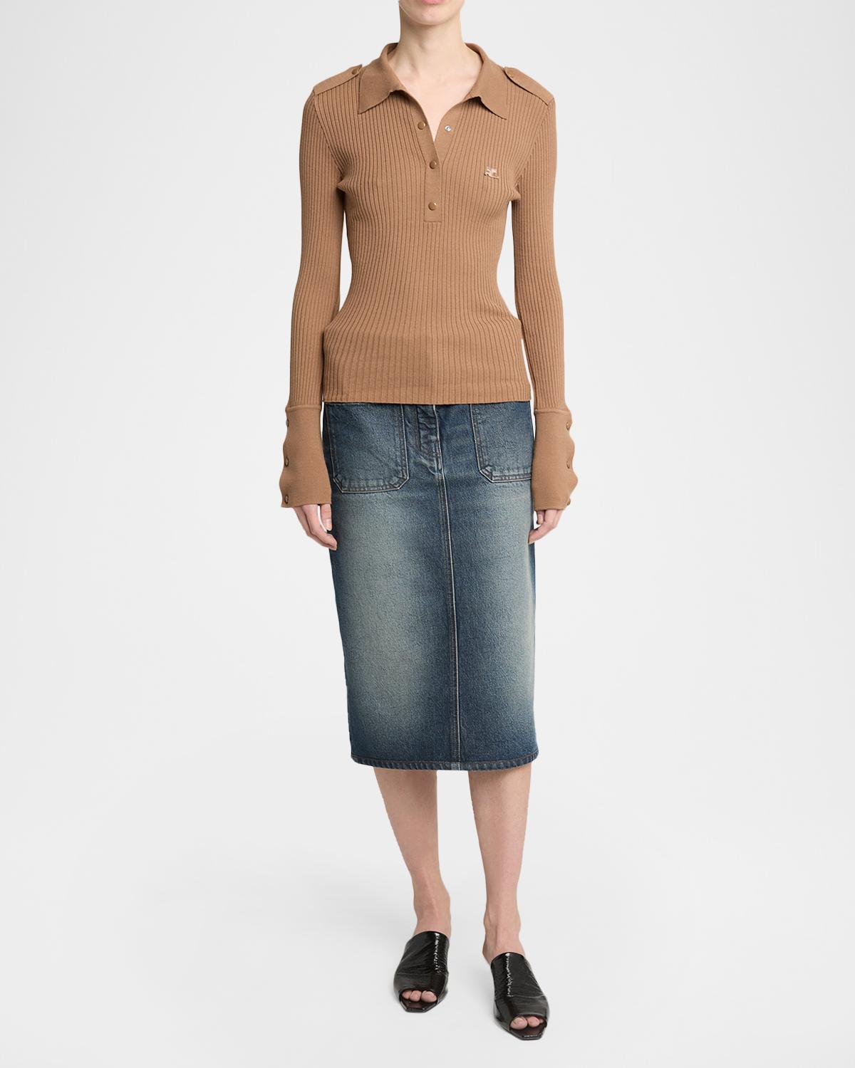 Long-Sleeve Rib Knit Polo Top - thumbnail 2