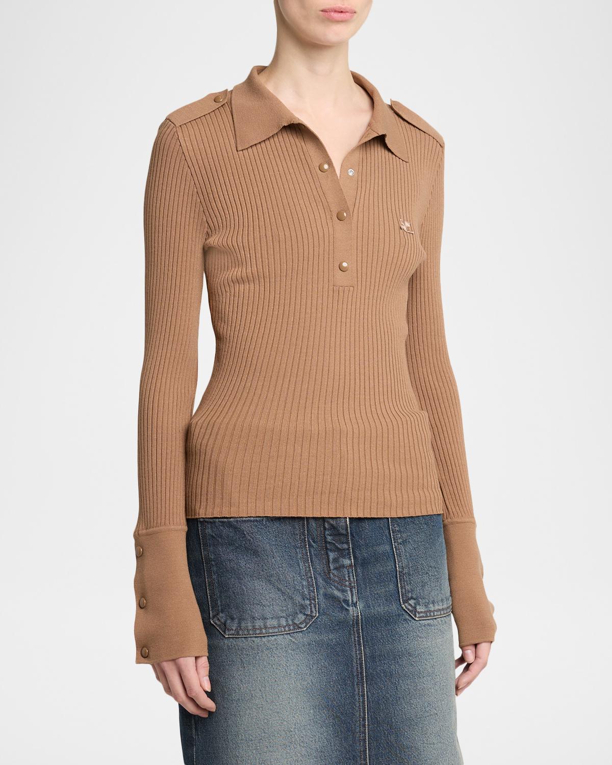 Long-Sleeve Rib Knit Polo Top - thumbnail 4