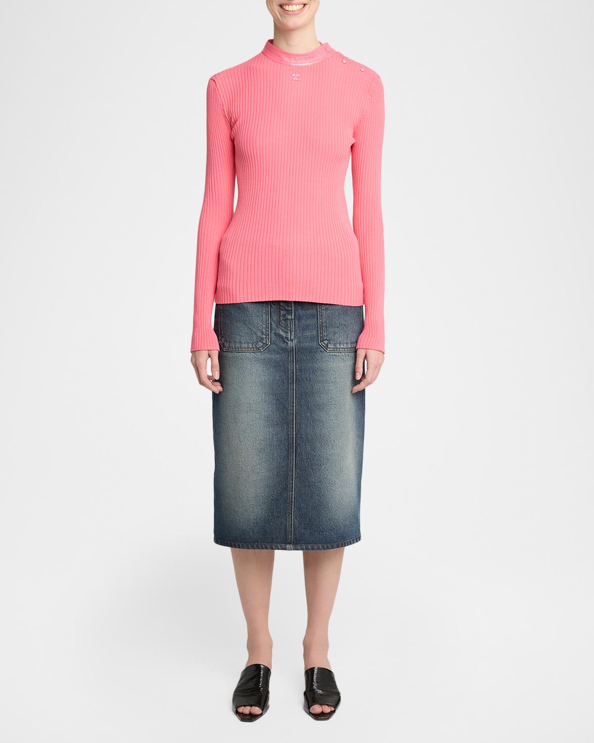 Vinyl Collar Ribbed Button-Shoulder Long-Sleeve Top - thumbnail 2