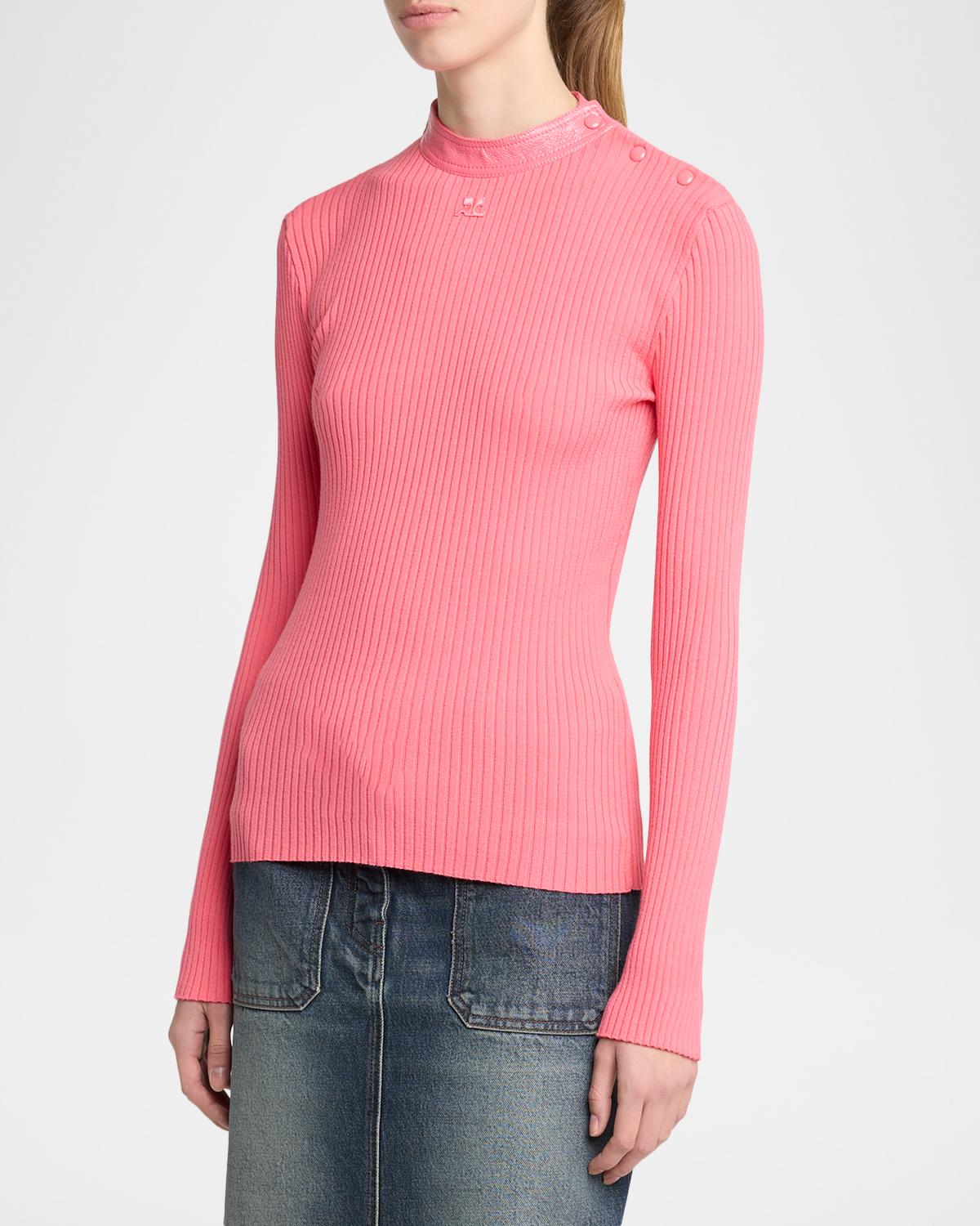 Vinyl Collar Ribbed Button-Shoulder Long-Sleeve Top - thumbnail 4