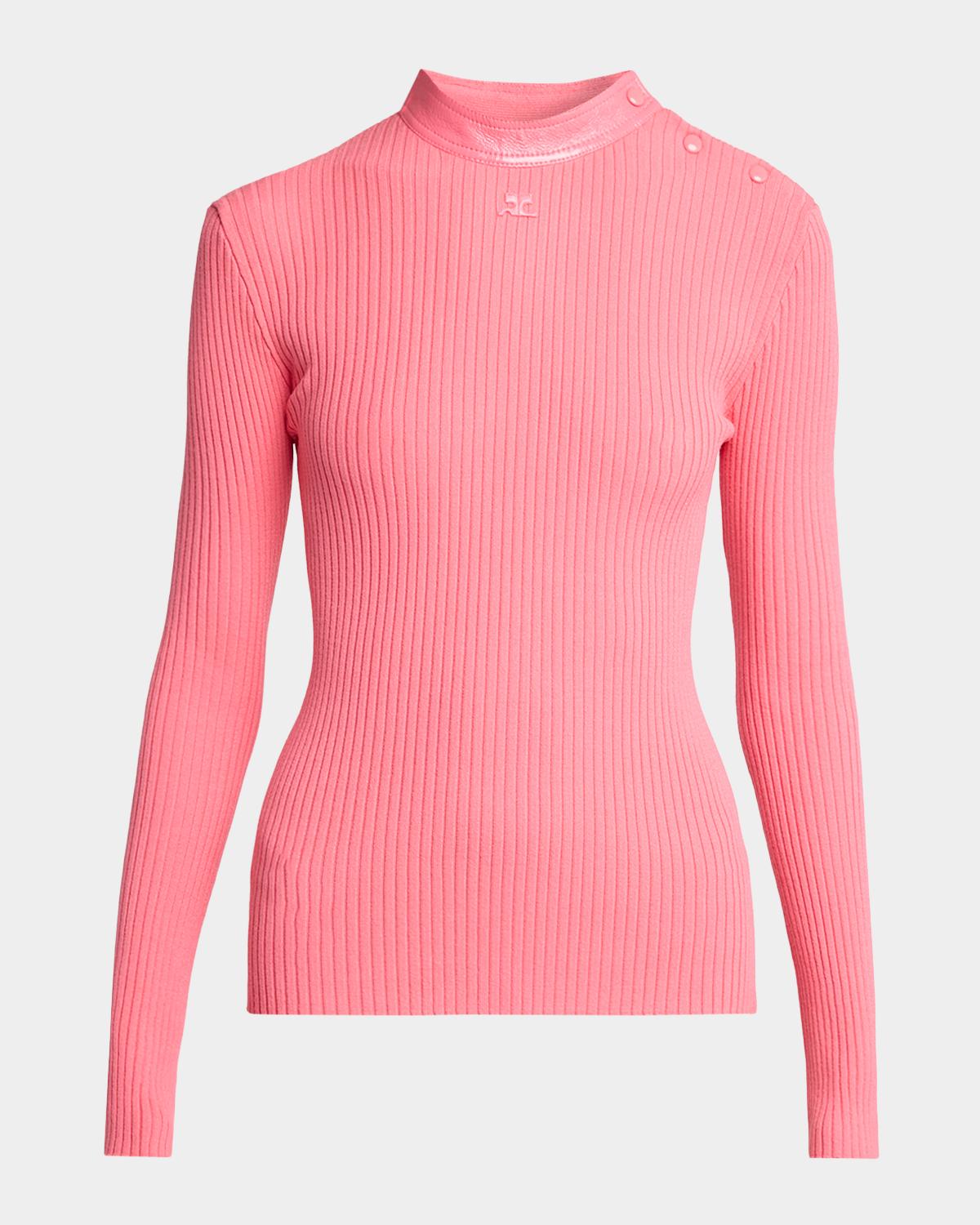 Vinyl Collar Ribbed Button-Shoulder Long-Sleeve Top