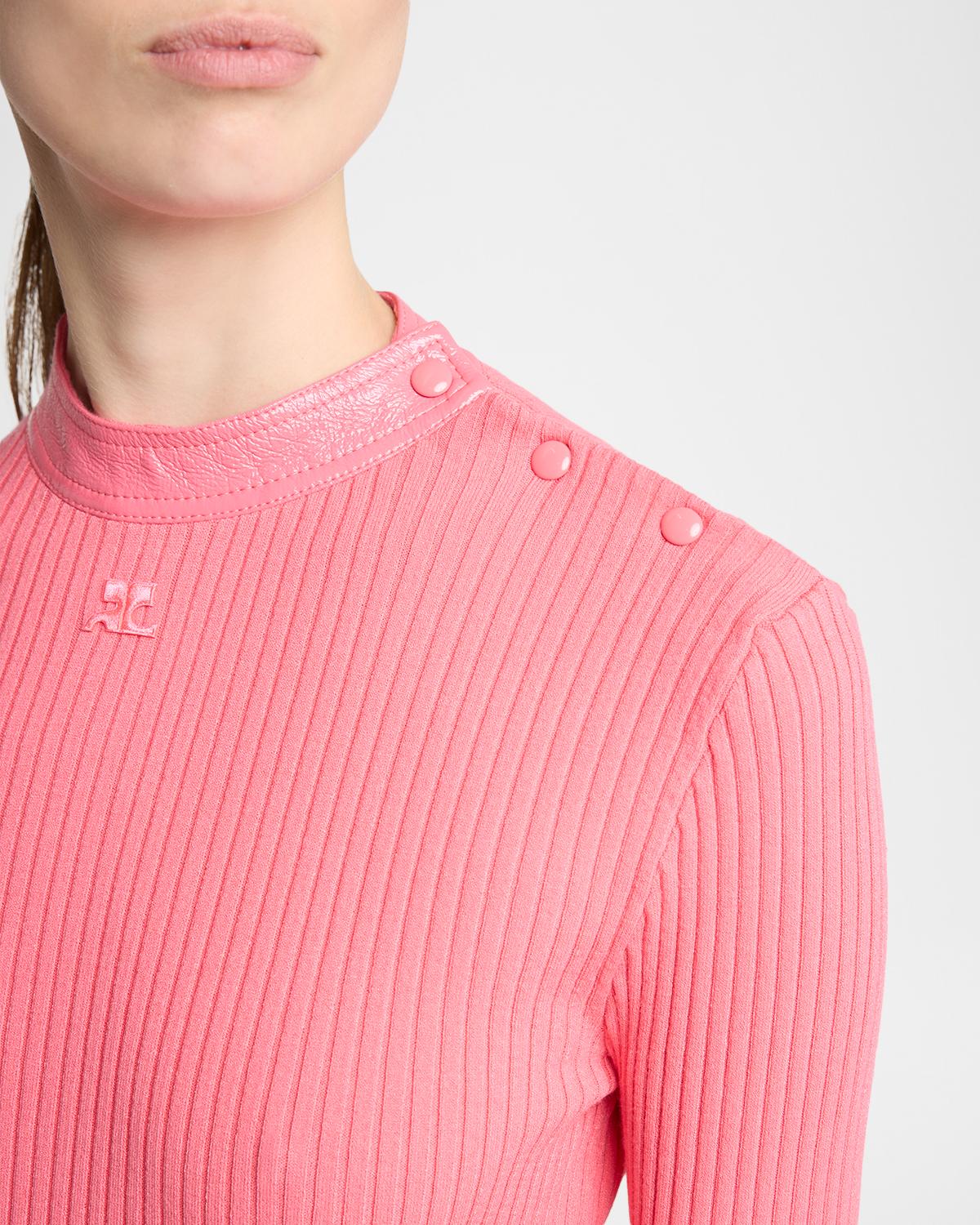 Vinyl Collar Ribbed Button-Shoulder Long-Sleeve Top - thumbnail 5