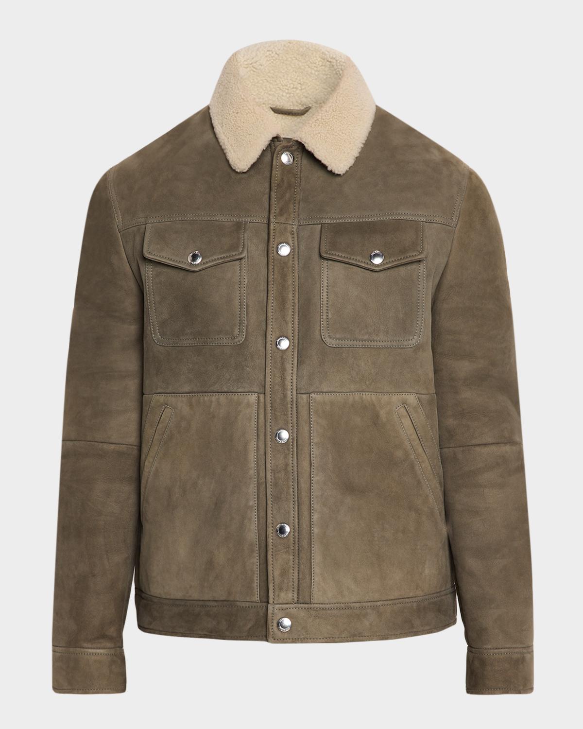 Brunello Cucinelli Men's Shearling-Collar Suede Snap Front Jacket