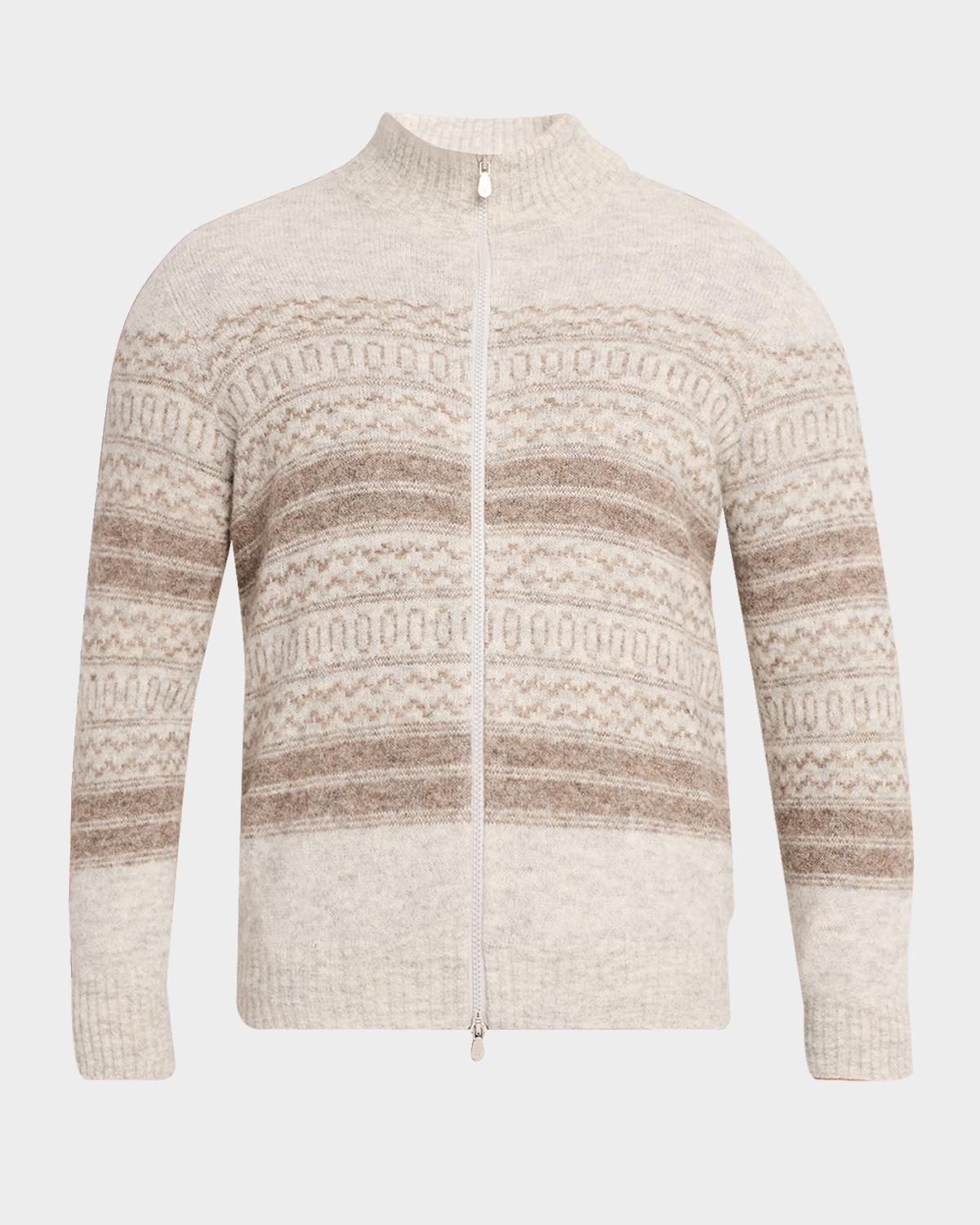 Brunello Cucinelli Men's Geometric Stripe Full-Zip Cardigan